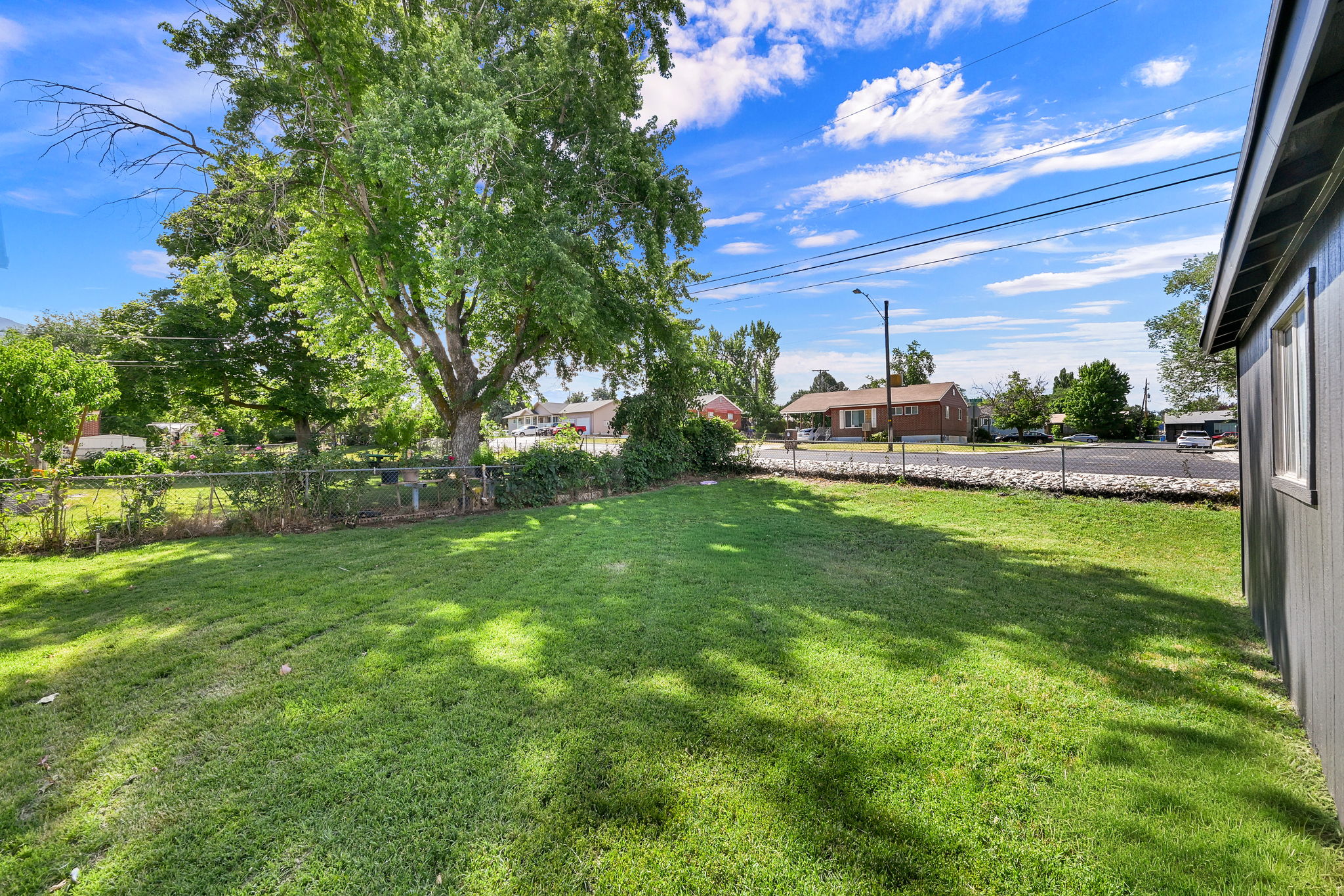 Expansive green lawn with mature shade trees, chain-link fencing, and a dark-toned exterior wall with white trim