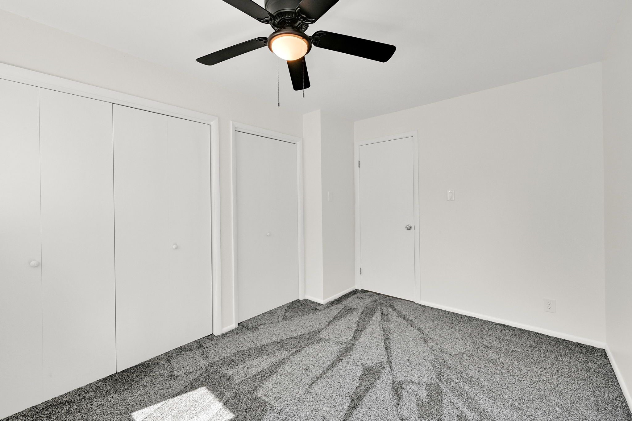 Room featuring carpet flooring, crisp white walls, and a black ceiling fan with an integrated light fixture
