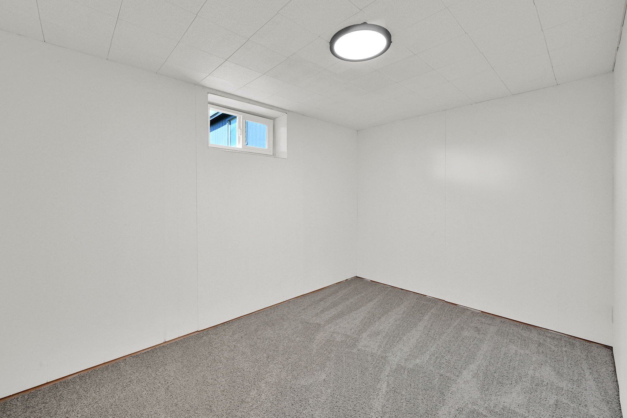 Room featuring light gray carpet flooring and white paneled walls
