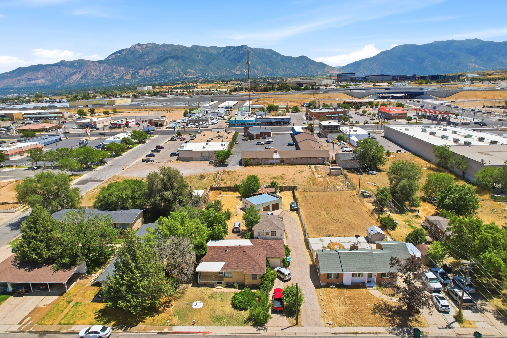 Aerial perspective showcasing a residential area with varied housing styles and mature trees