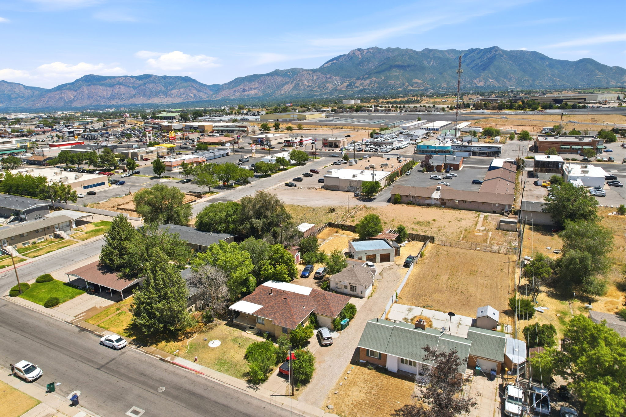Aerial view of a residential street with mature trees and a distant mountain range