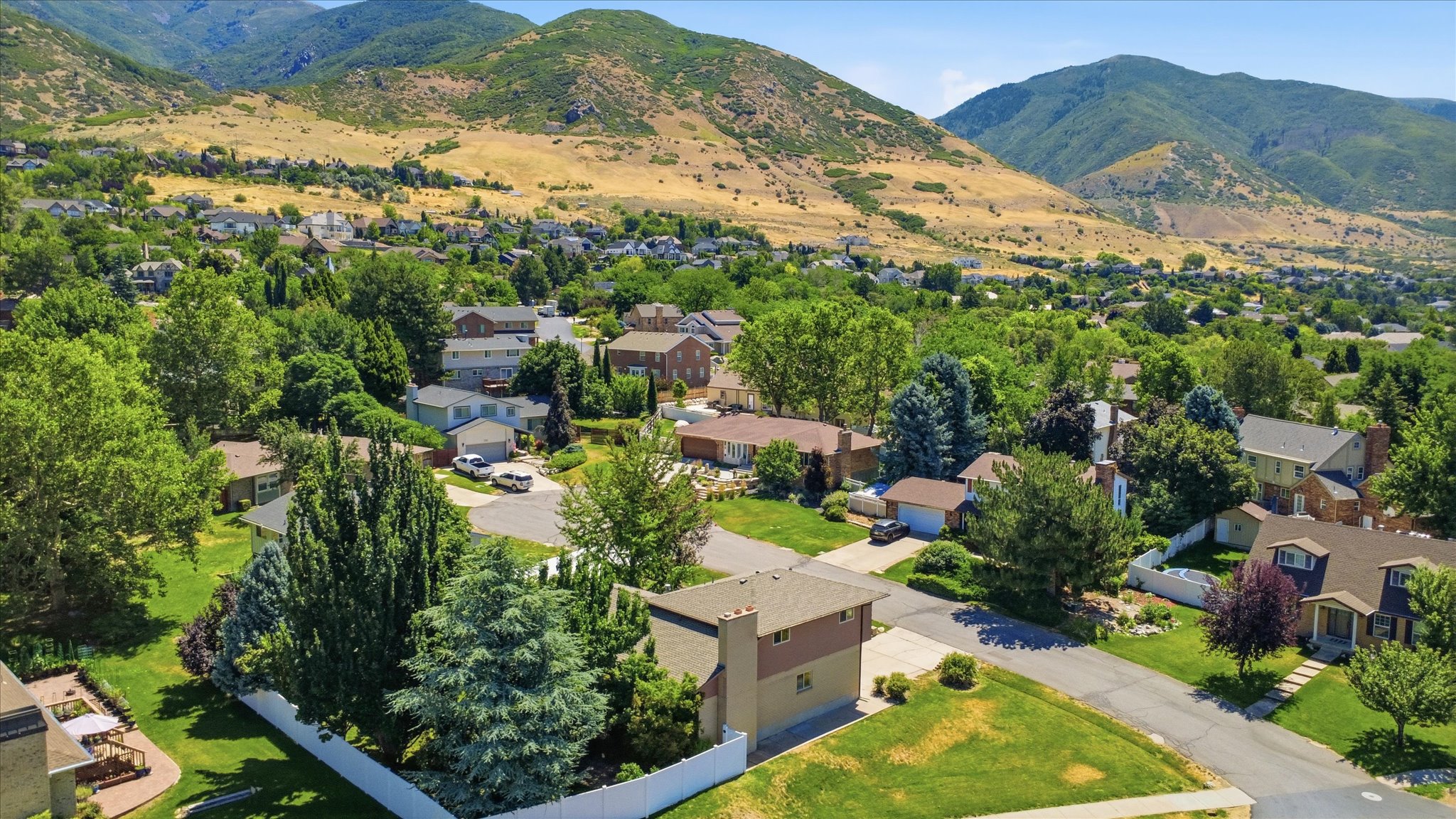 Residential neighborhood with mature landscaping and mountain backdrop