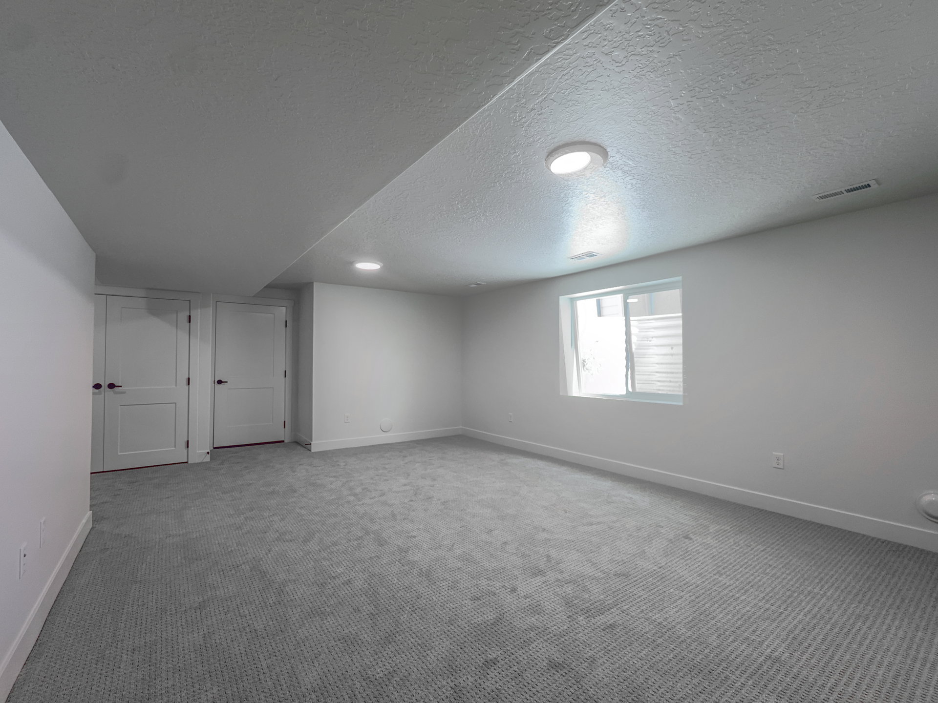 Spacious room featuring light gray carpet, white walls, two flush-mount ceiling lights, and a window with blinds