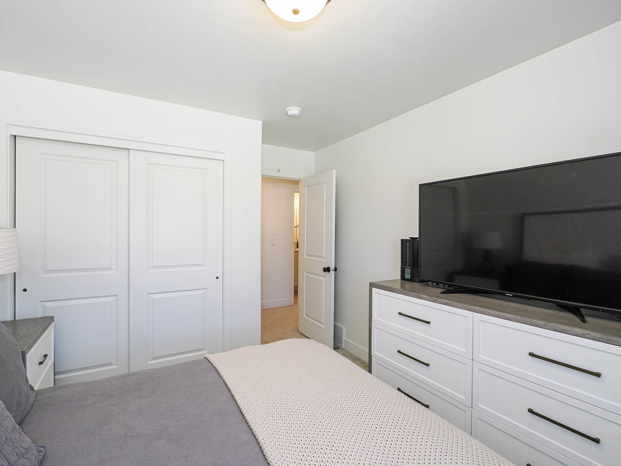 White sliding closet doors with paneled detailing