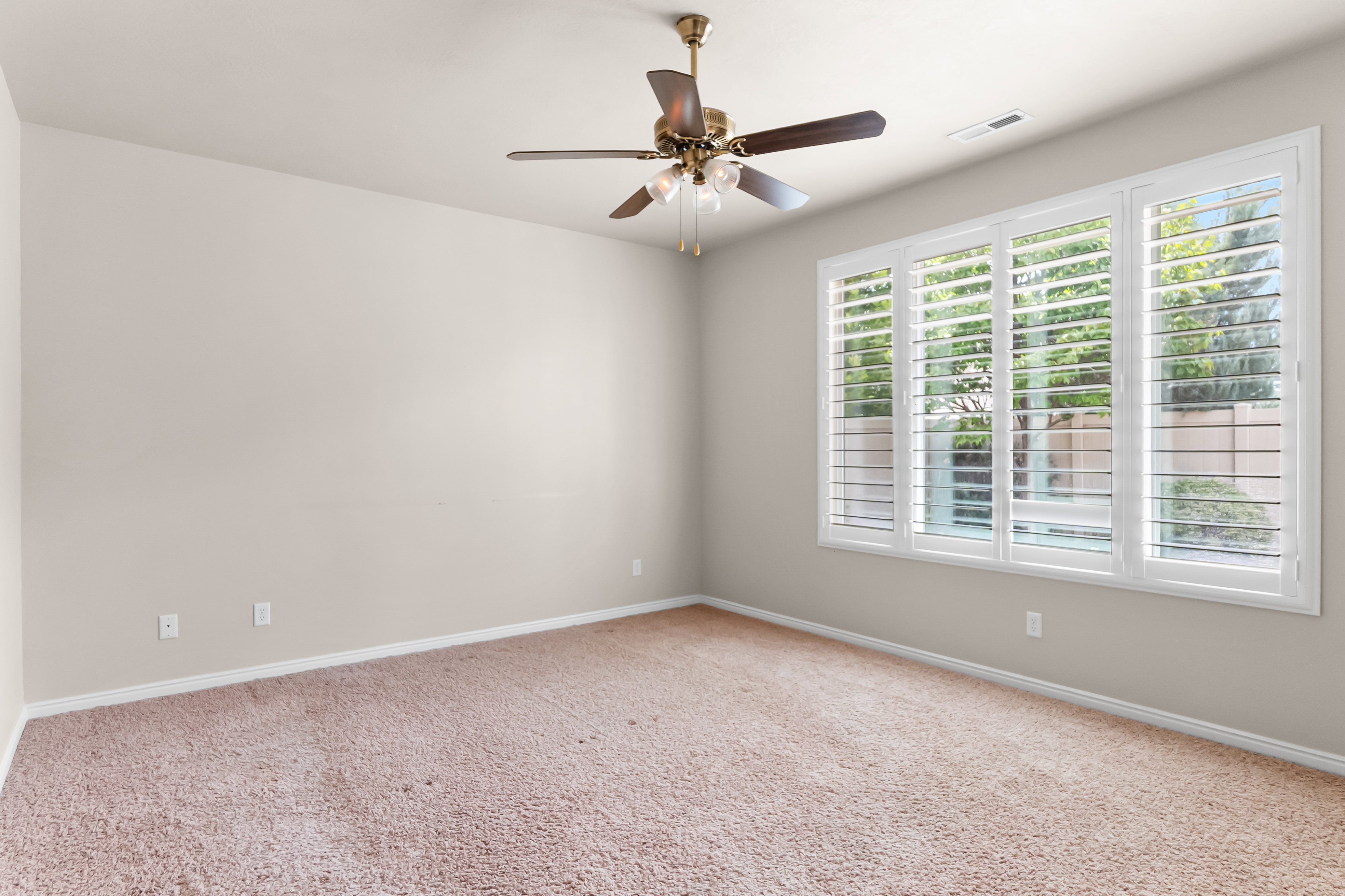 Neutral wall paint and plush carpet flooring throughout