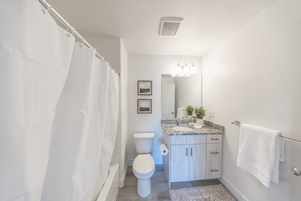 Hall way bathroom #2.  Shower-tub combination, a vanity with a stone-finish countertop, sink, and a wall mirrow.