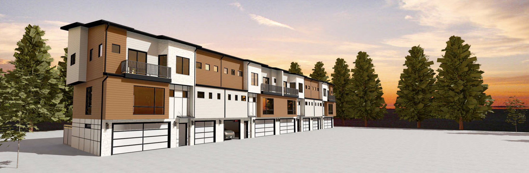 Modern multi-story townhome development featuring a contemporary facade