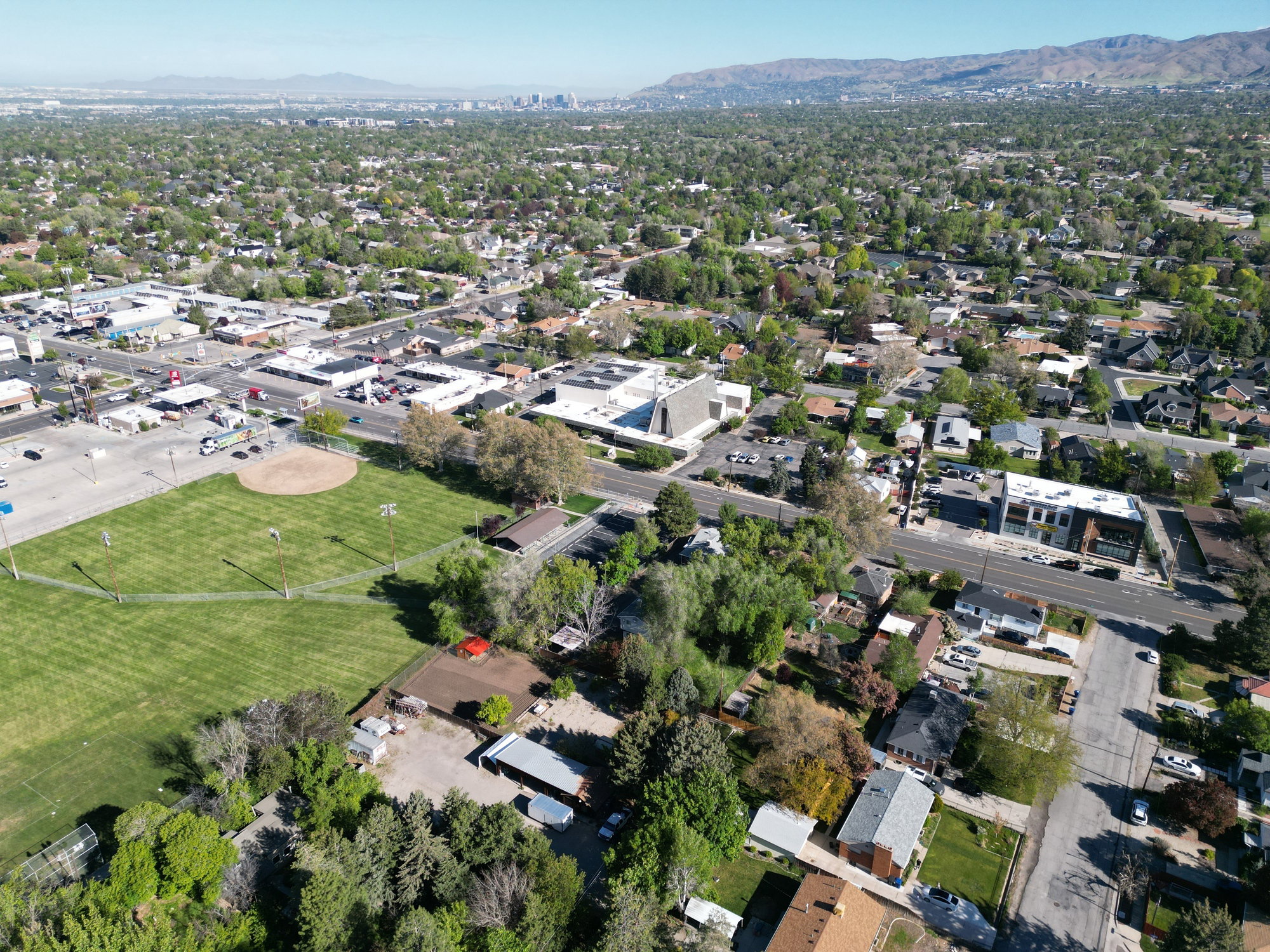 Aerial perspective showcasing a residential area with varied housing styles, mature trees, and a distant mountain range