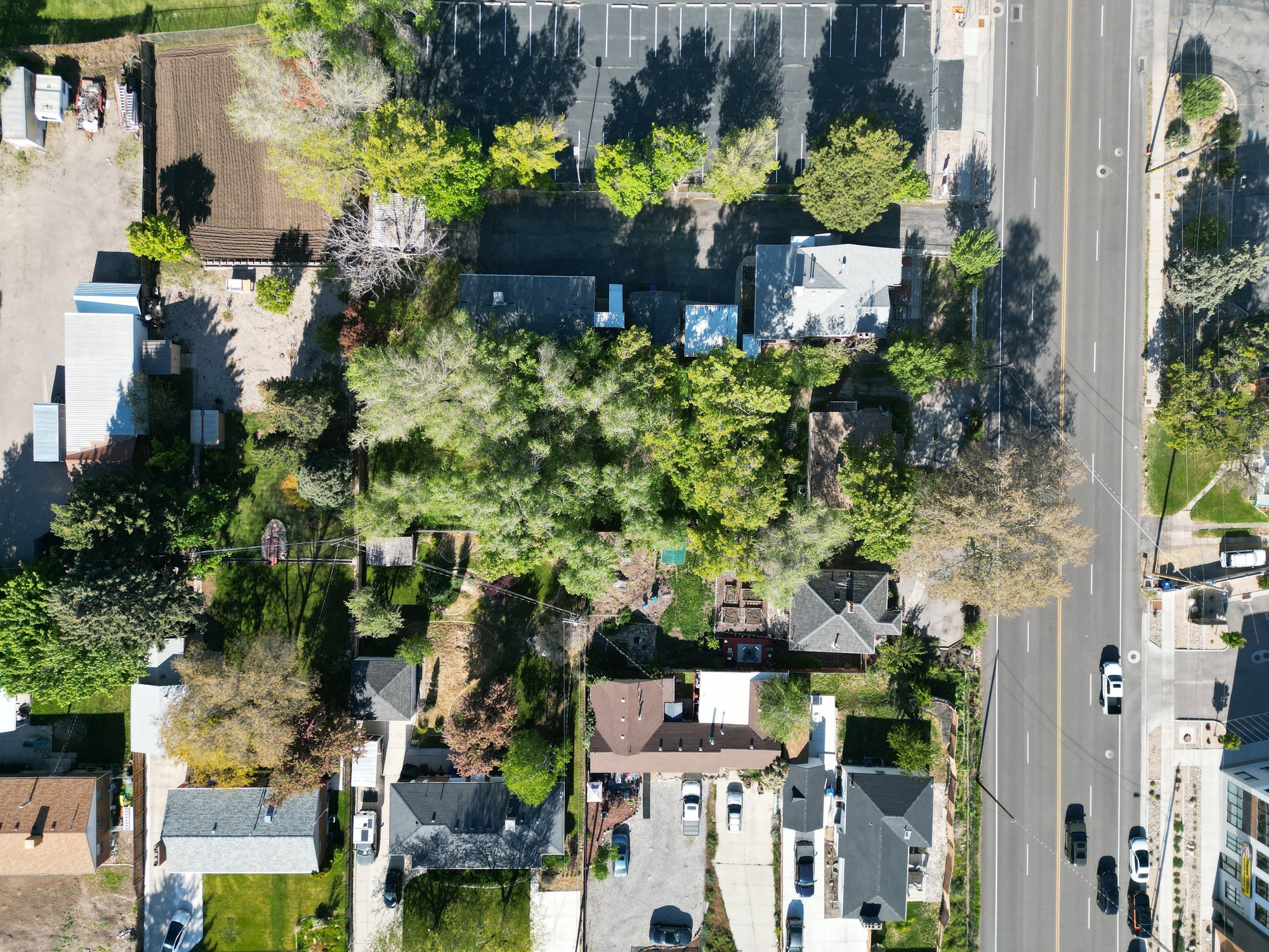 Aerial perspective showcasing a residential property with mature trees