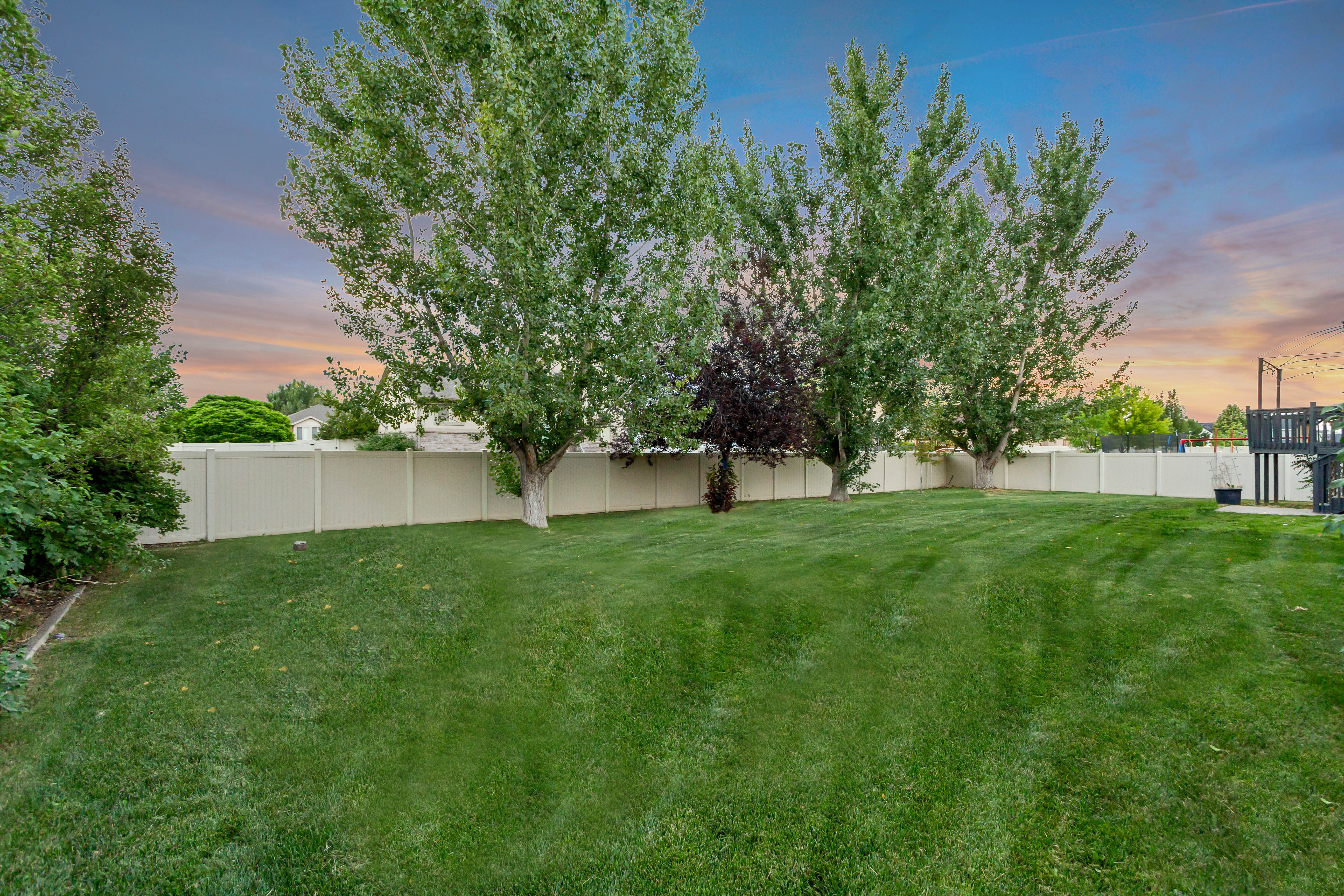 Expansive lawn area featuring multiple mature trees and a privacy fence