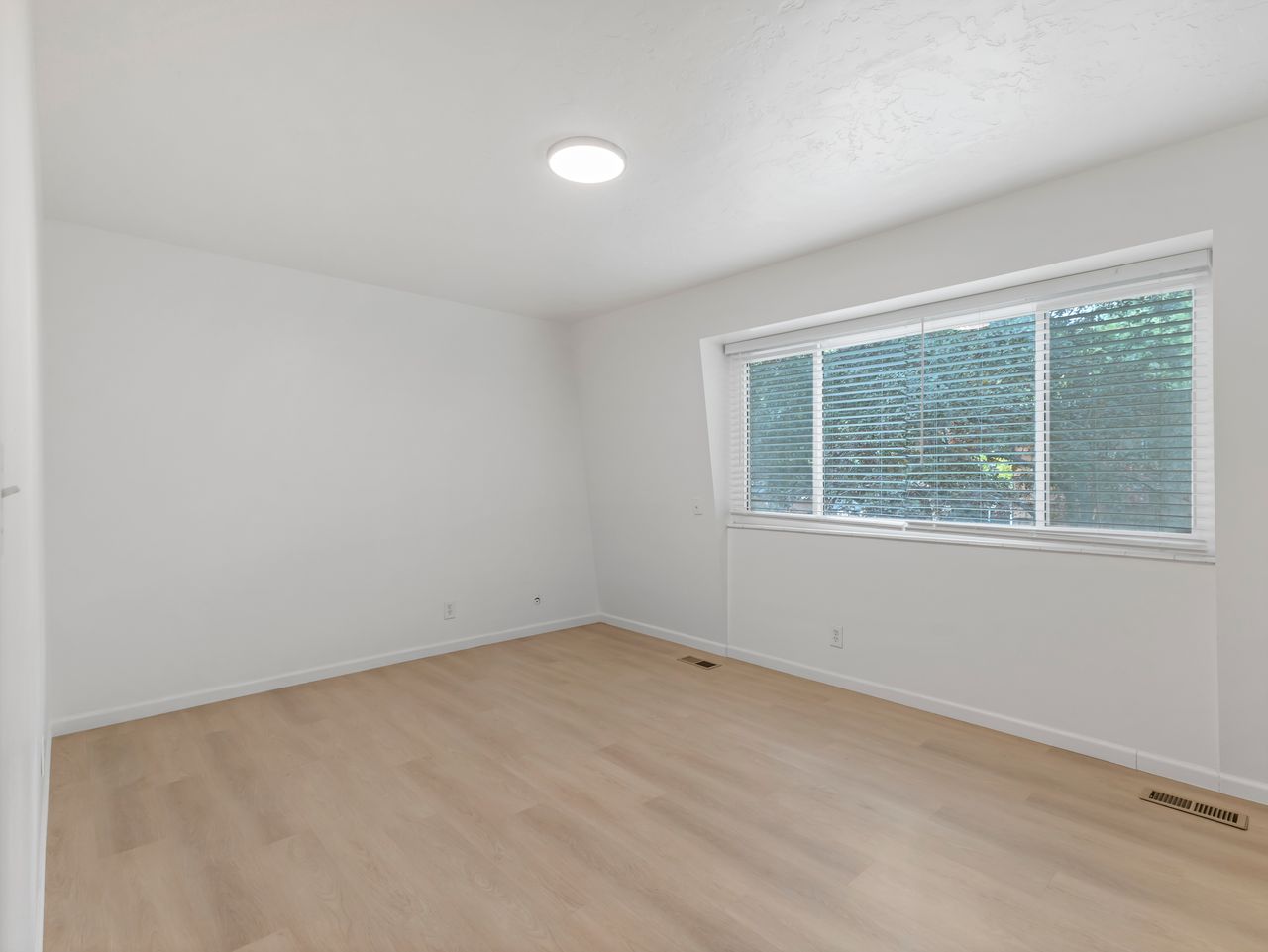Bright interior space featuring a large window with horizontal blinds, light-toned wood-finish flooring, white baseboards, and a flush-mount ceiling light fixture