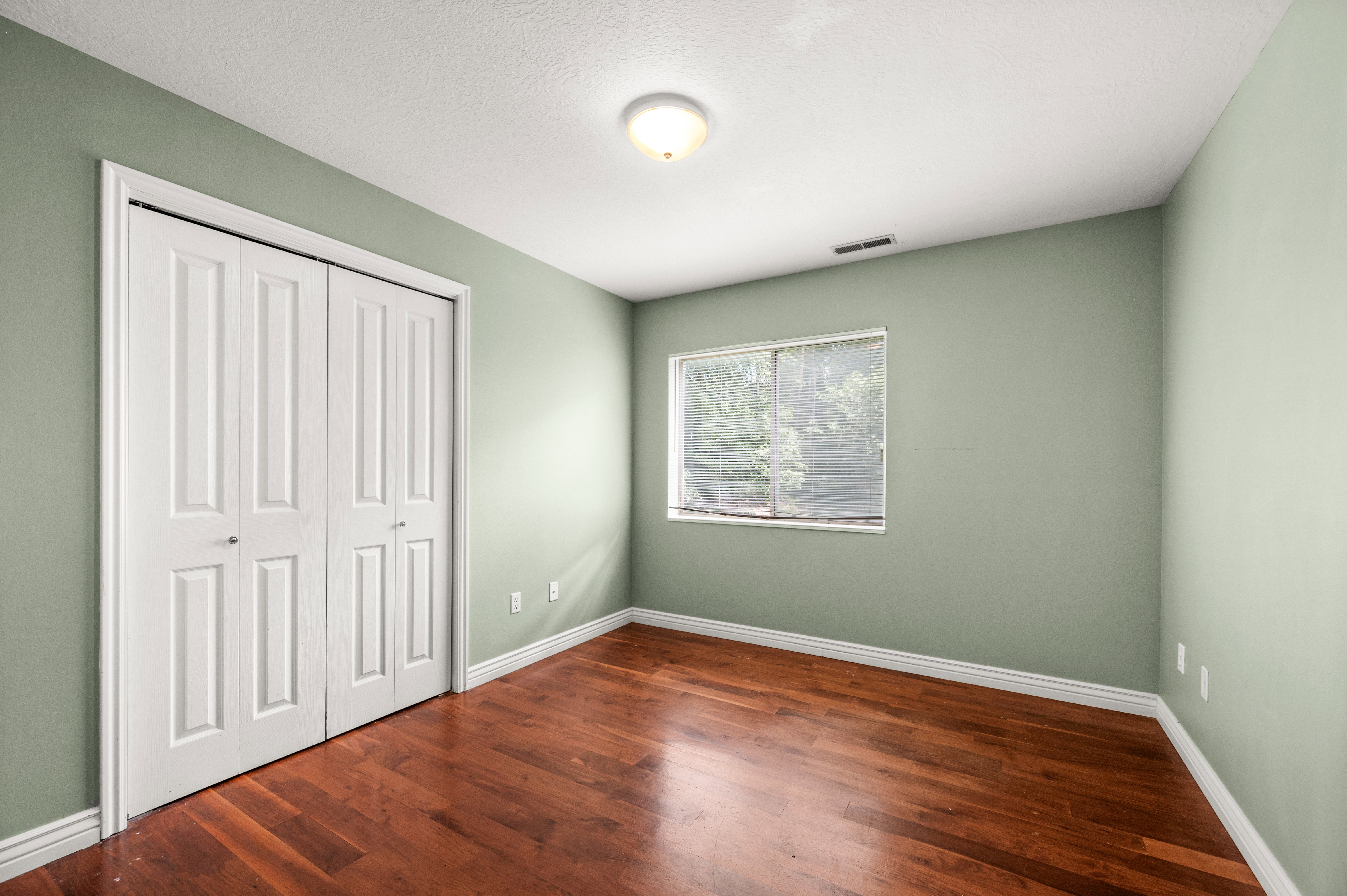 Room featuring wood-finish flooring, light green walls, and white trim
