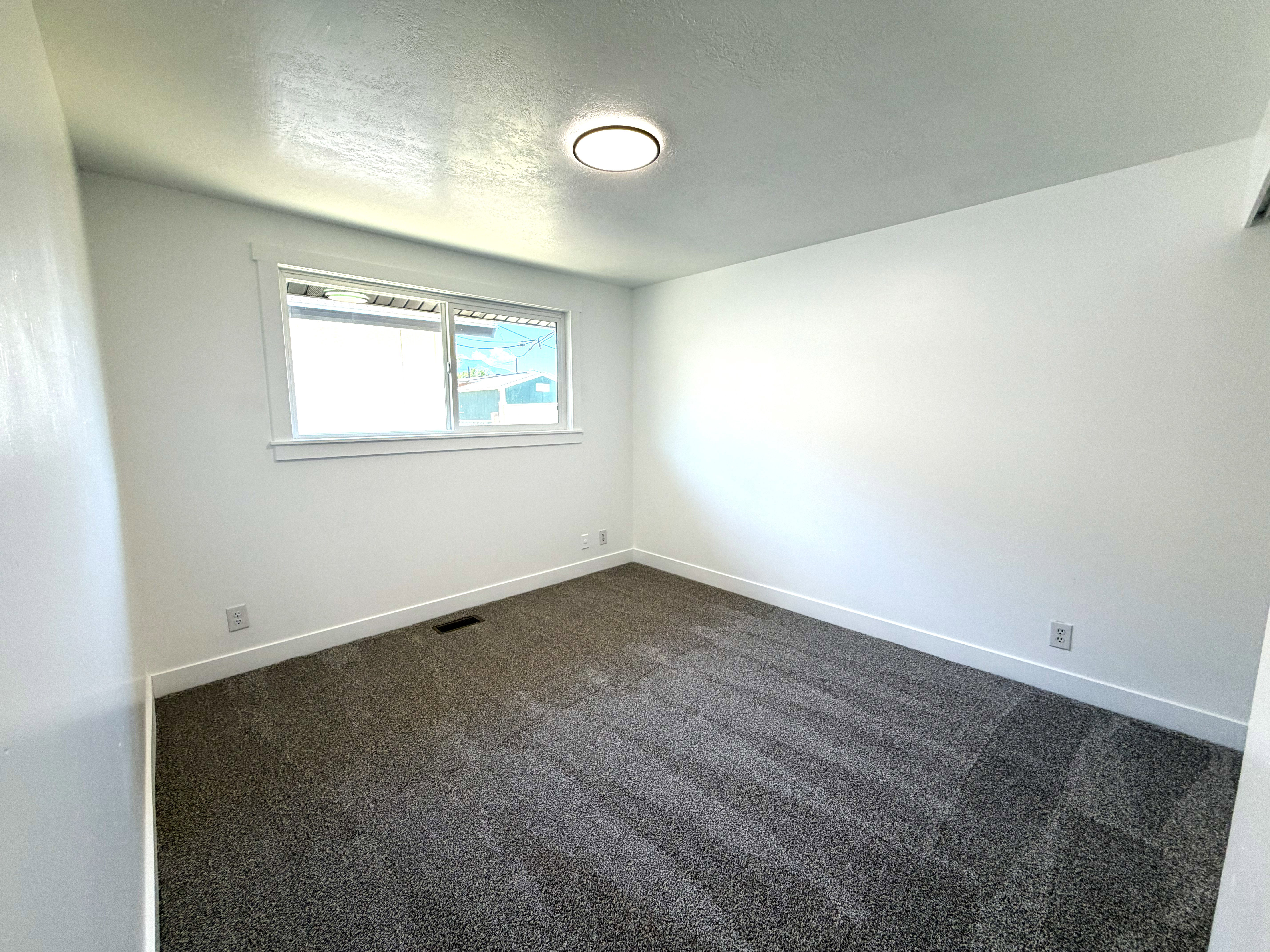 Room featuring neutral wall paint, gray carpeting, a single window with white trim, and a ceiling-mounted light fixture