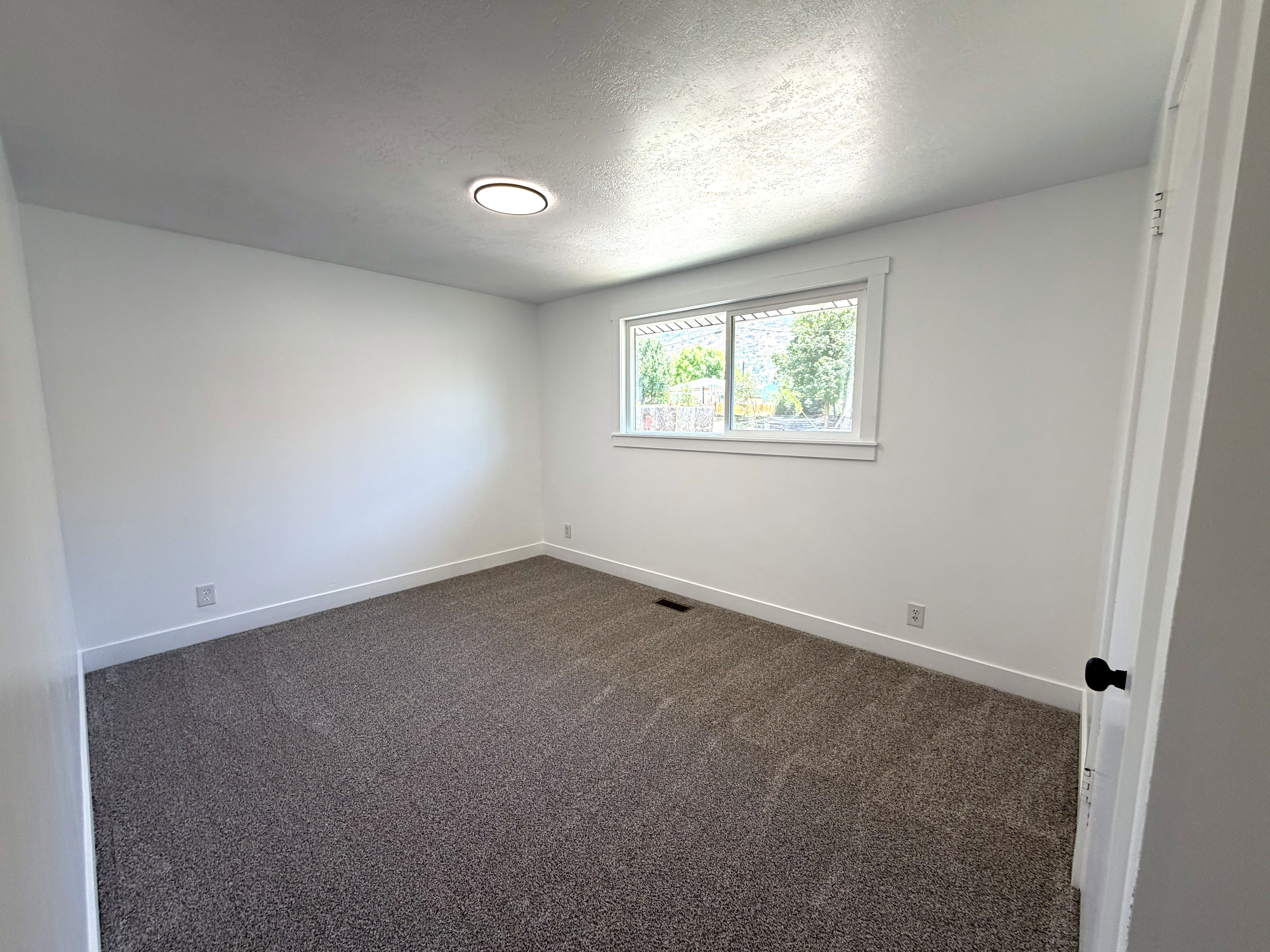 Carpeted room with white walls, a white-framed window, and a recessed ceiling light