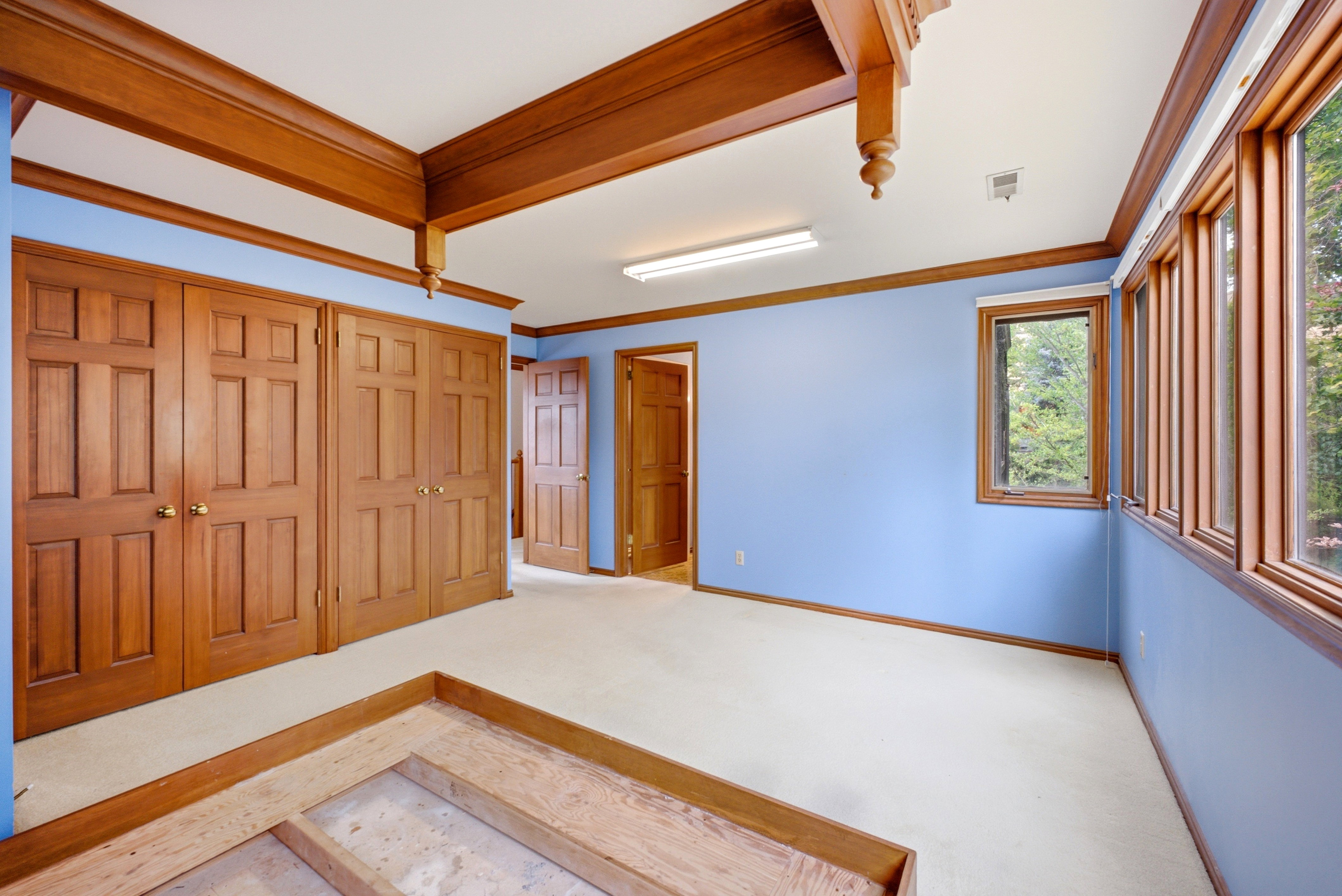 Room featuring a wall of multiple paneled wood doors with brass hardware, extensive wood trim, and a window wall with wood frames