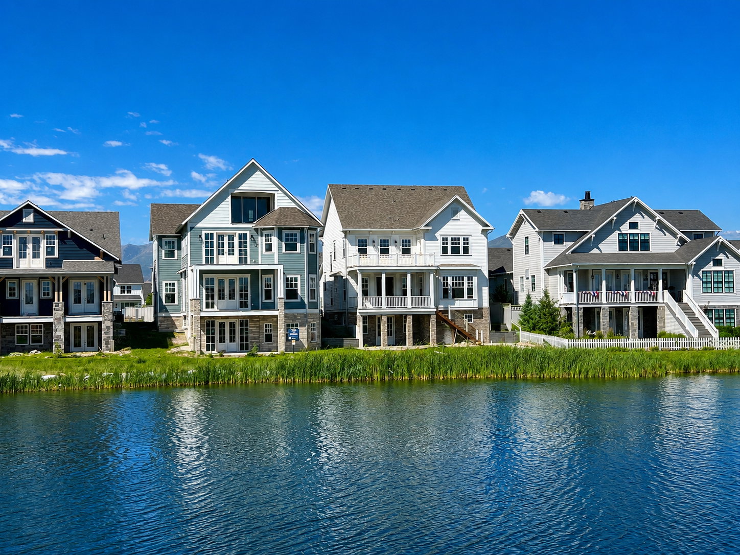Waterfront residences featuring multi-level balconies, stone foundations, and gabled roofs