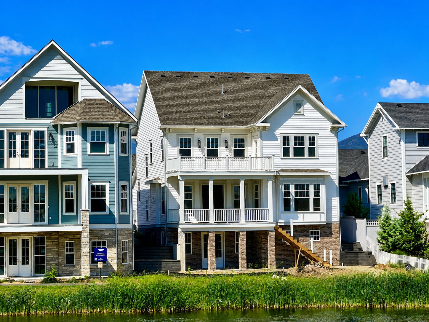 White siding exterior featuring multiple balconies, a covered porch, and a stone-clad foundation