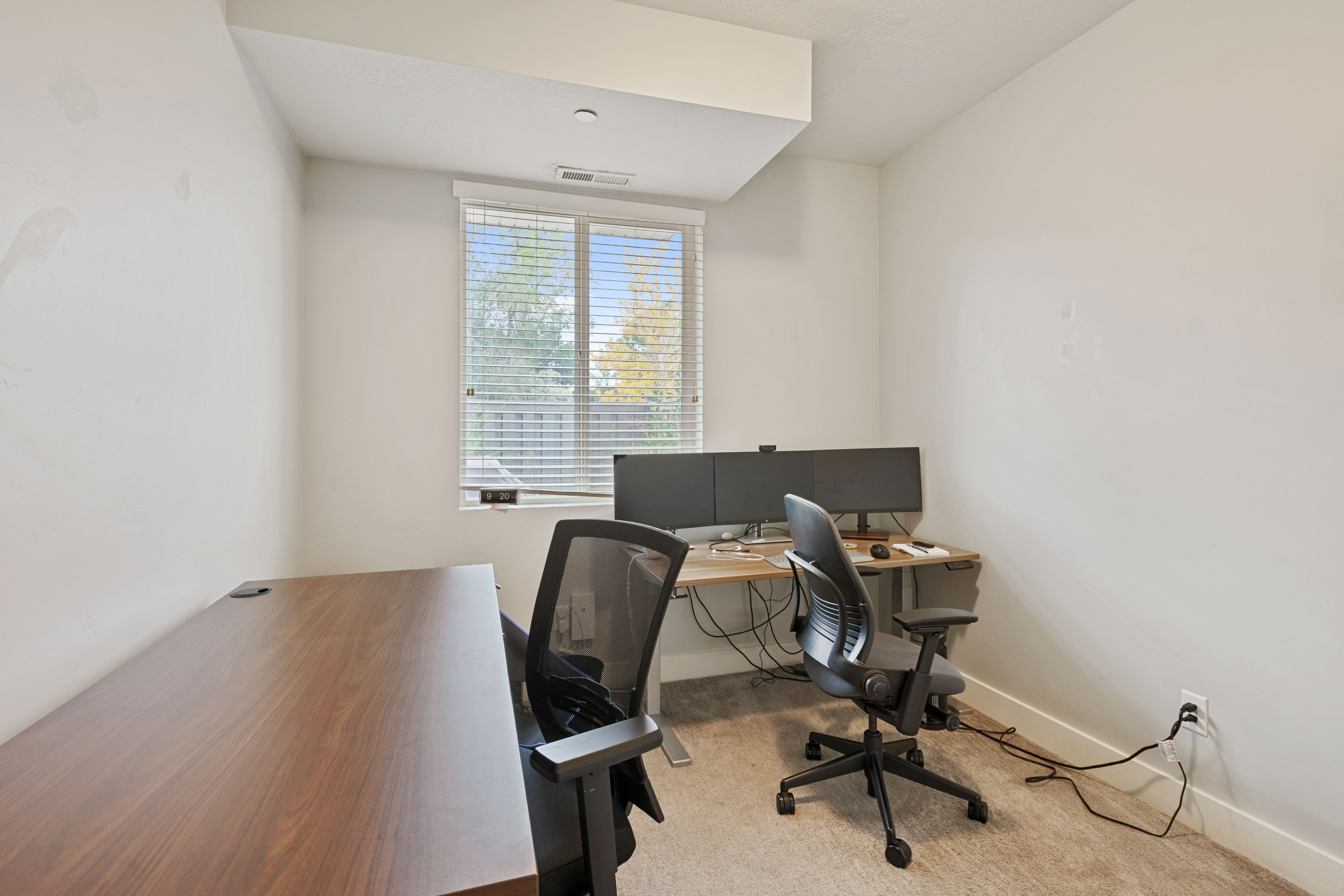 Interior room featuring a large window with white blinds, light-colored walls, recessed ceiling element, and neutral-toned carpeting