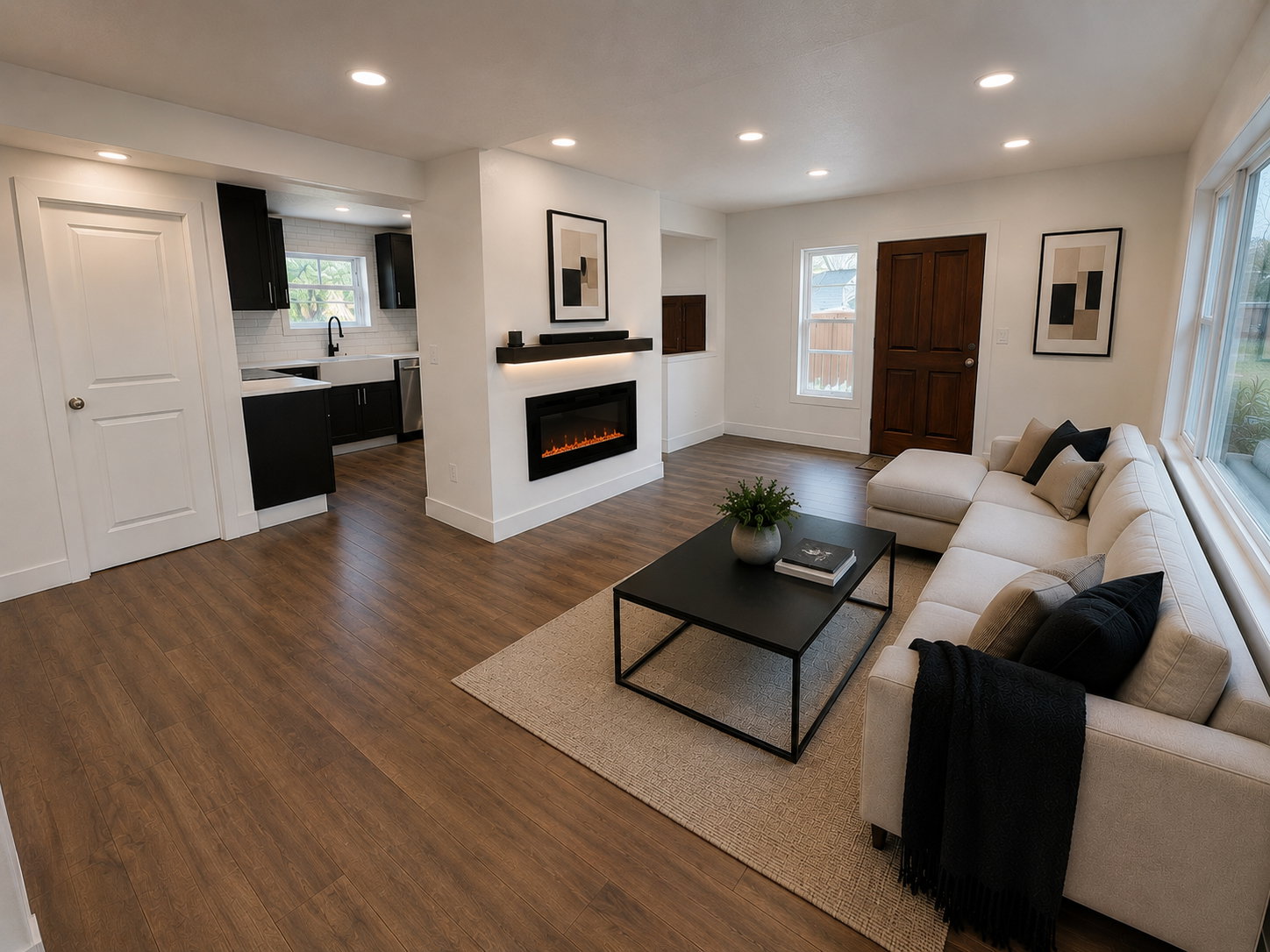 Open concept living space featuring wood-finish flooring, recessed lighting, and a modern electric fireplace with an integrated mantel