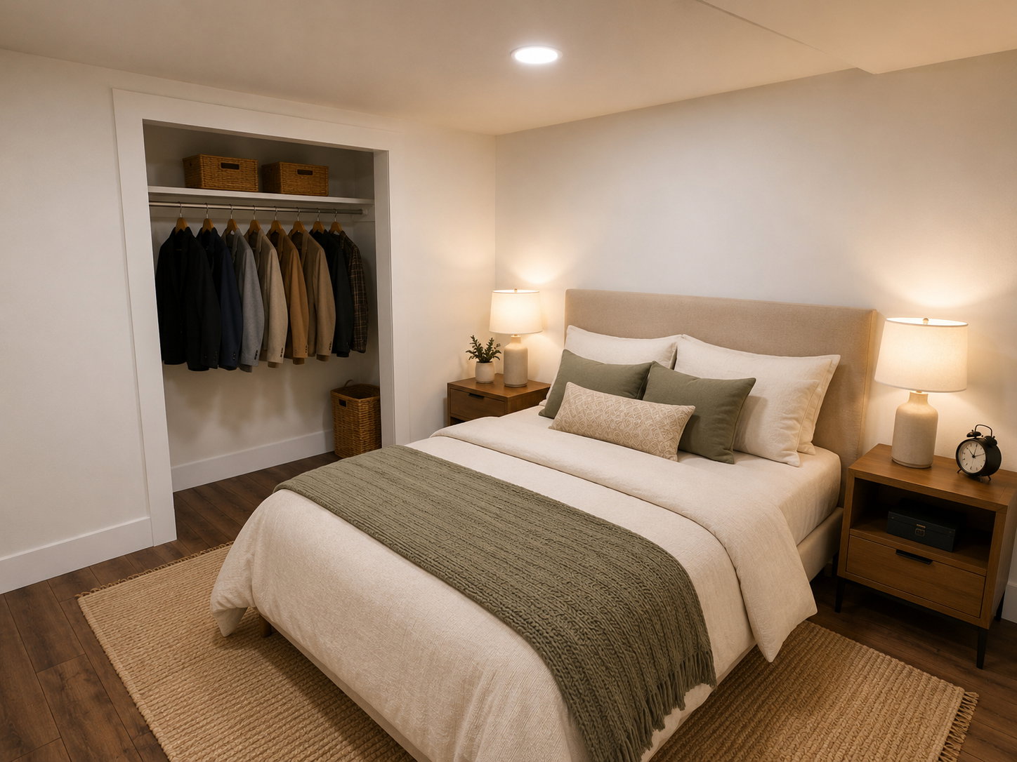 Bedroom featuring wood-finish flooring, recessed ceiling lighting, and a built-in closet with shelving and hanging rod
