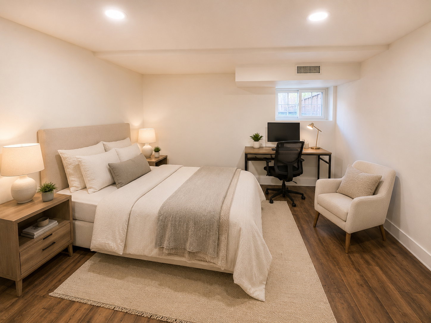 Bedroom featuring wood-finish flooring, recessed lighting, and a window providing natural light