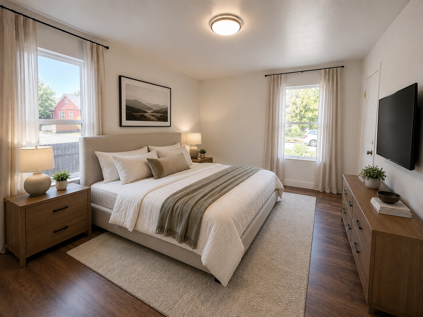 Bedroom featuring wood-finish flooring, two large windows with curtain rods, and a ceiling-mounted flush light fixture