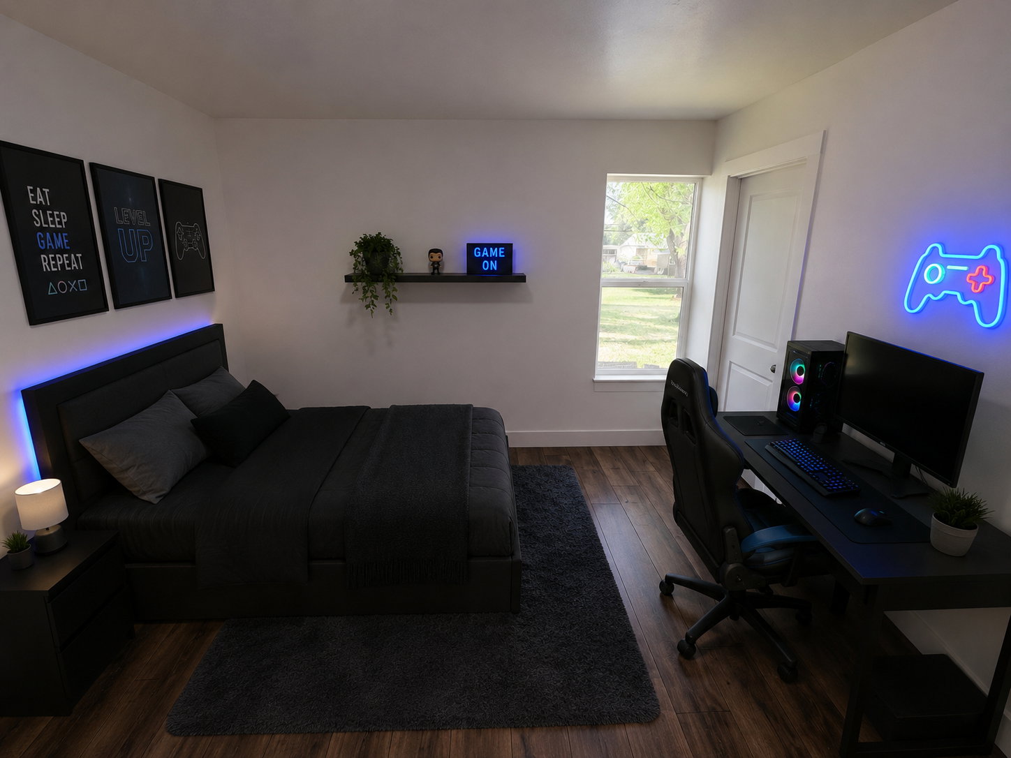 Bedroom featuring wood-finish flooring and a single window