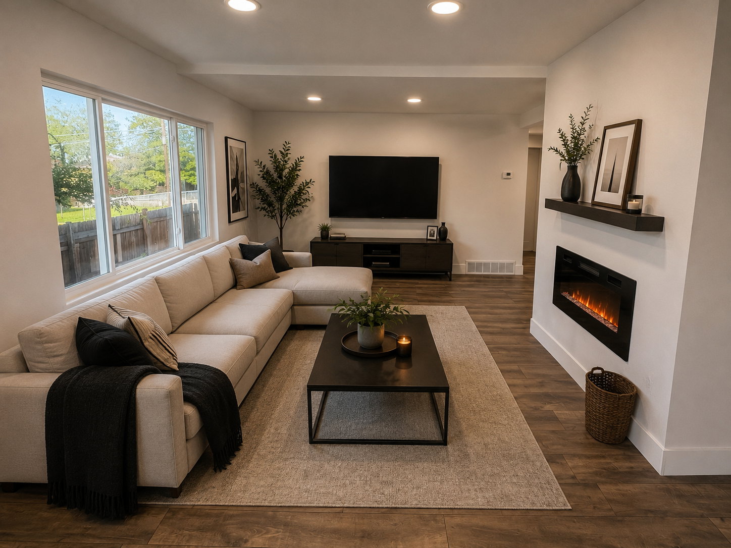 Spacious living area featuring wide plank wood-finish flooring and recessed lighting