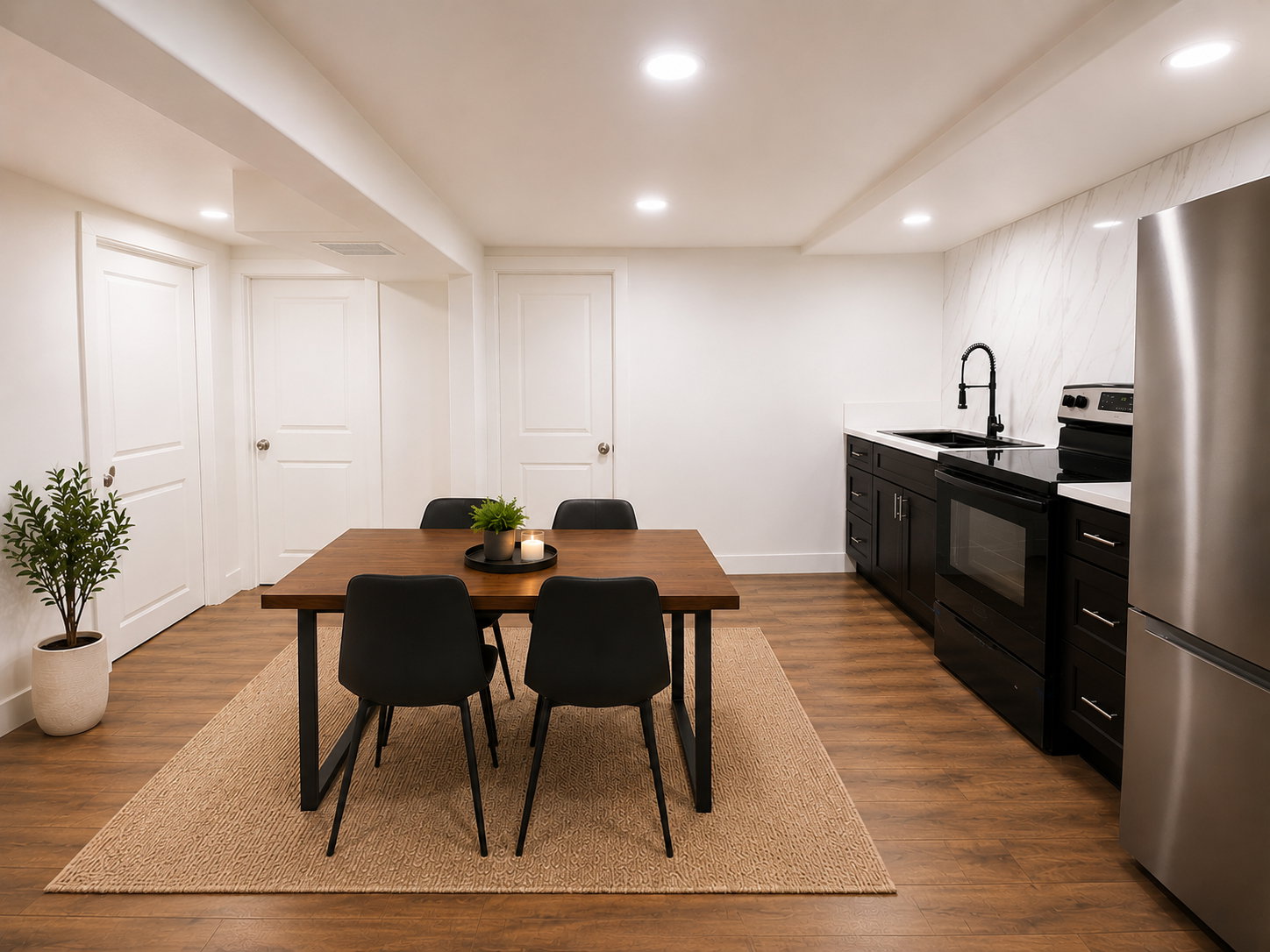 Kitchenette featuring wood-finish flooring, dark cabinetry, white countertops, and a full suite of stainless steel appliances