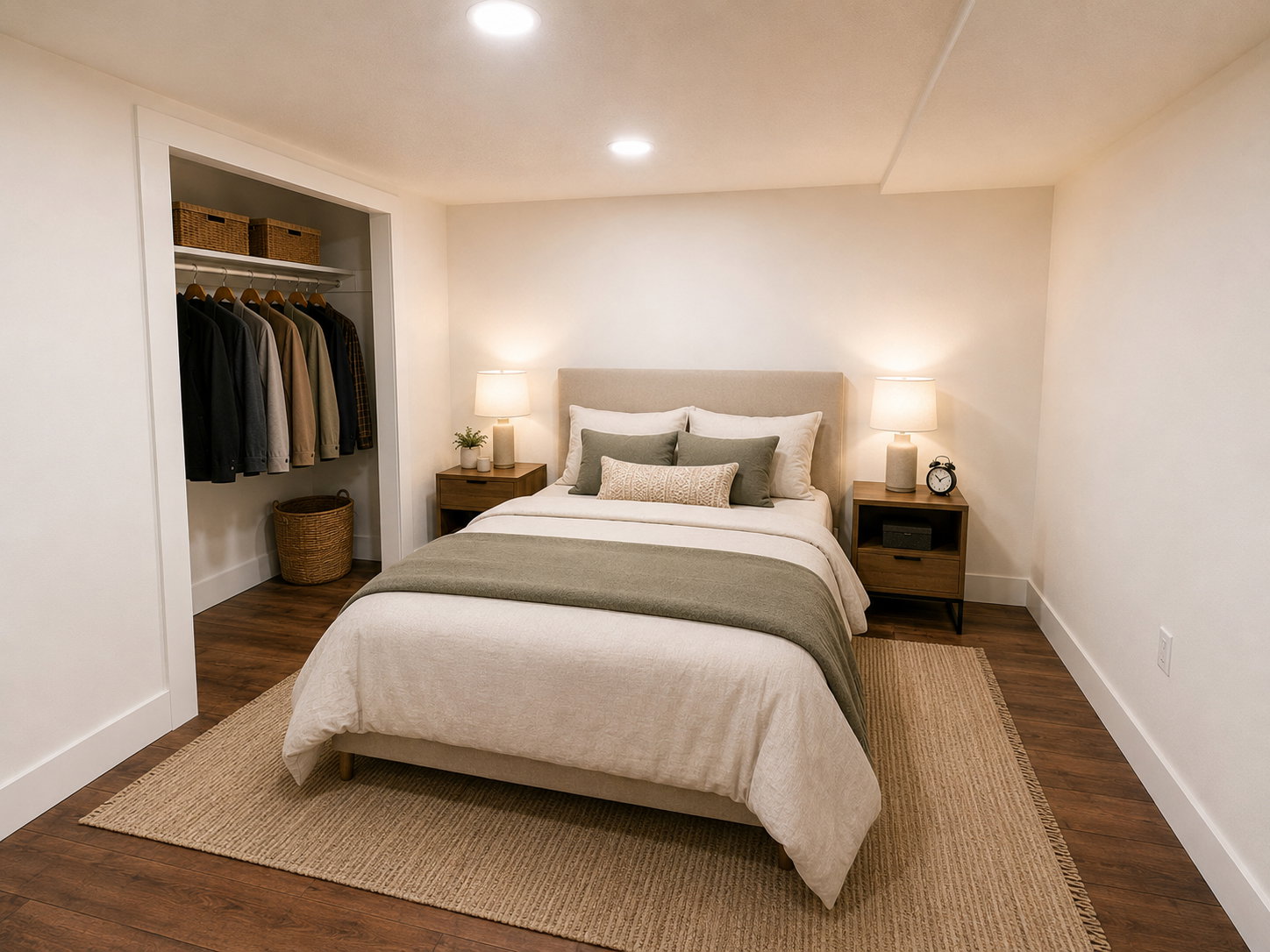 Bedroom with wood-finish flooring, recessed lighting, and a built-in closet featuring shelving and a hanging rod