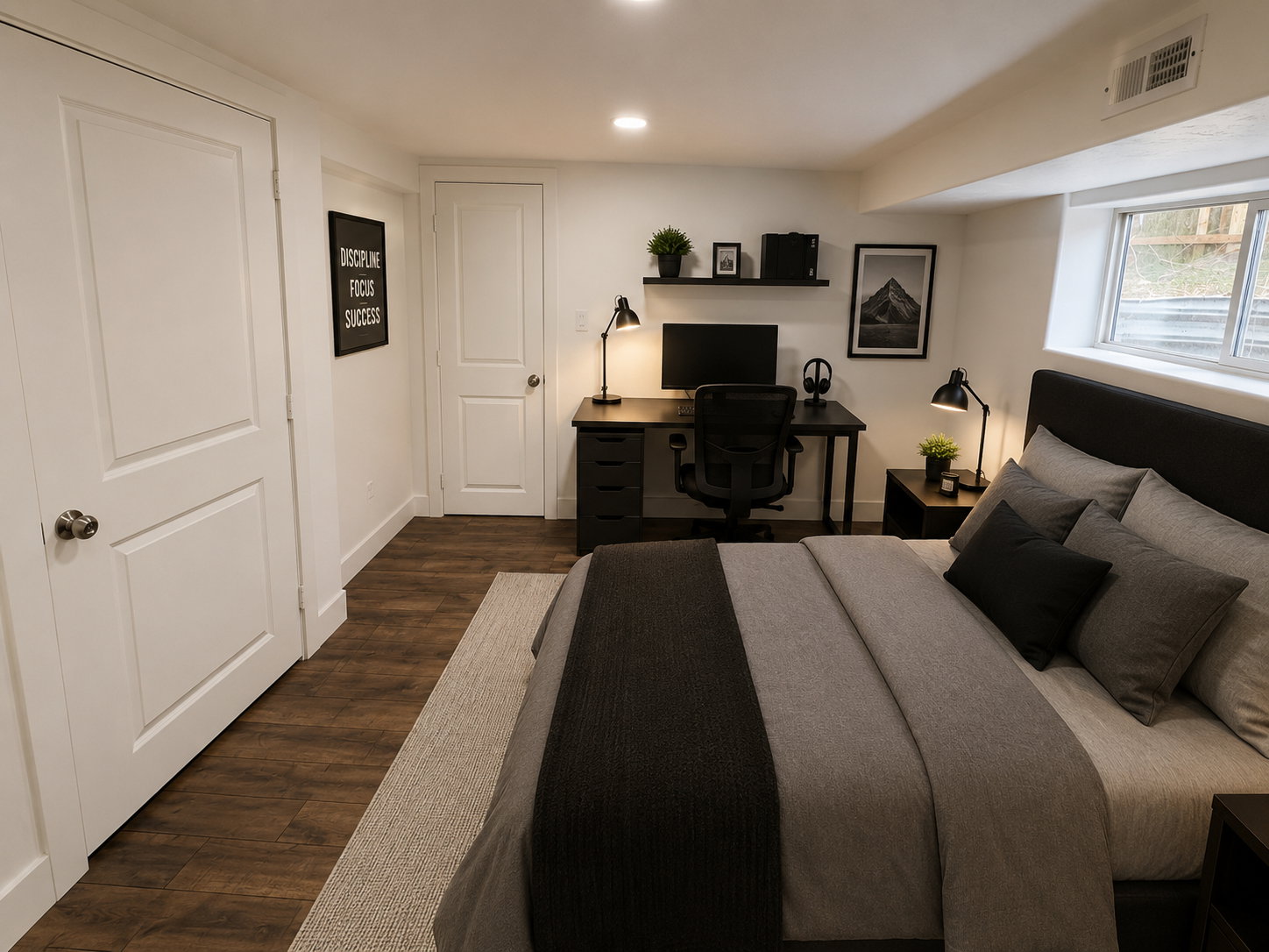 Spacious room featuring wood-finish flooring, recessed lighting, and a window with a view of greenery