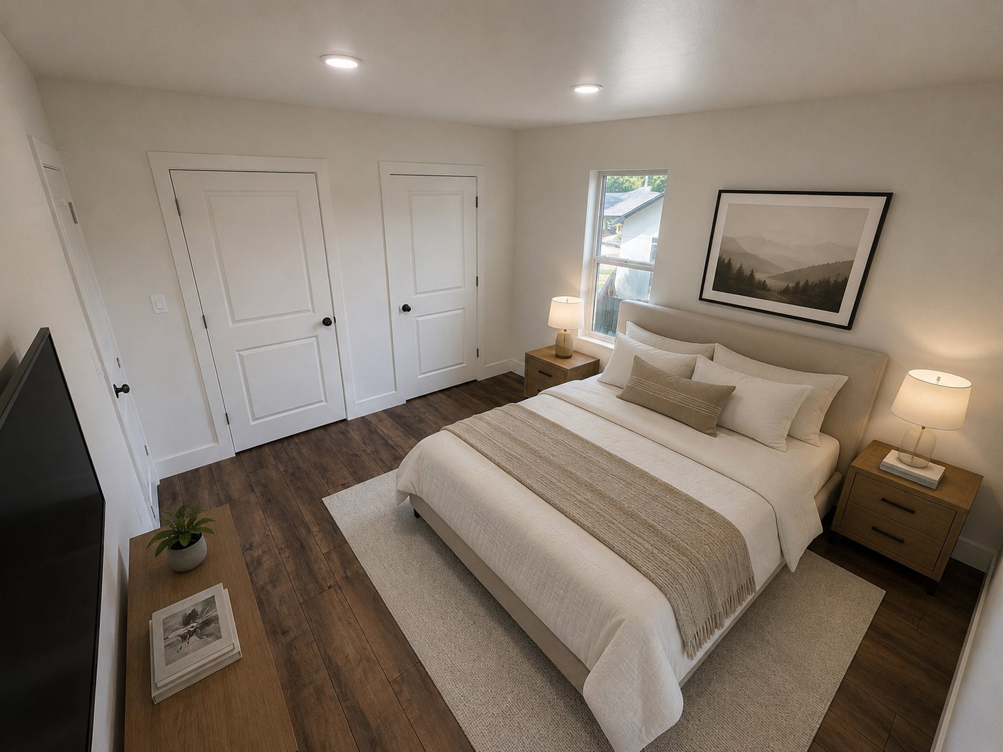 Bright bedroom featuring wood-finish flooring, recessed lighting, and a window with natural light