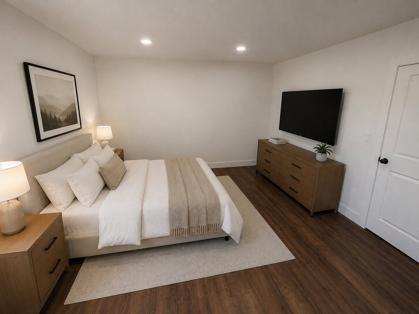 Bedroom featuring recessed lighting, wood-finish flooring, a white interior door, and a wall-mounted flat-screen television