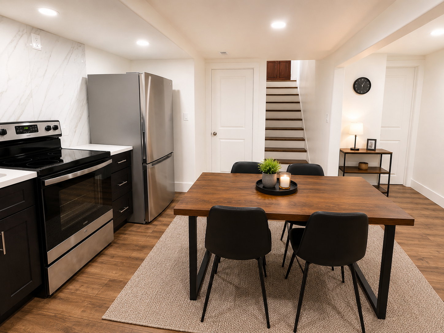 Kitchenette and dining area featuring wood-finish flooring, white countertops, stainless steel appliances, and a wood dining table