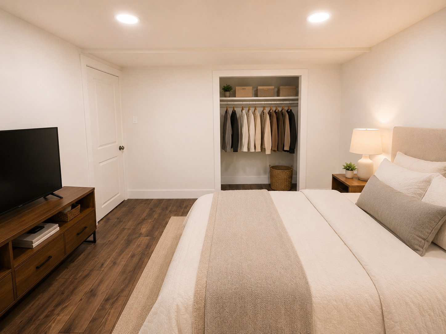 Bedroom featuring wood-finish flooring, recessed ceiling lighting, and a built-in closet with shelving and hanging rod