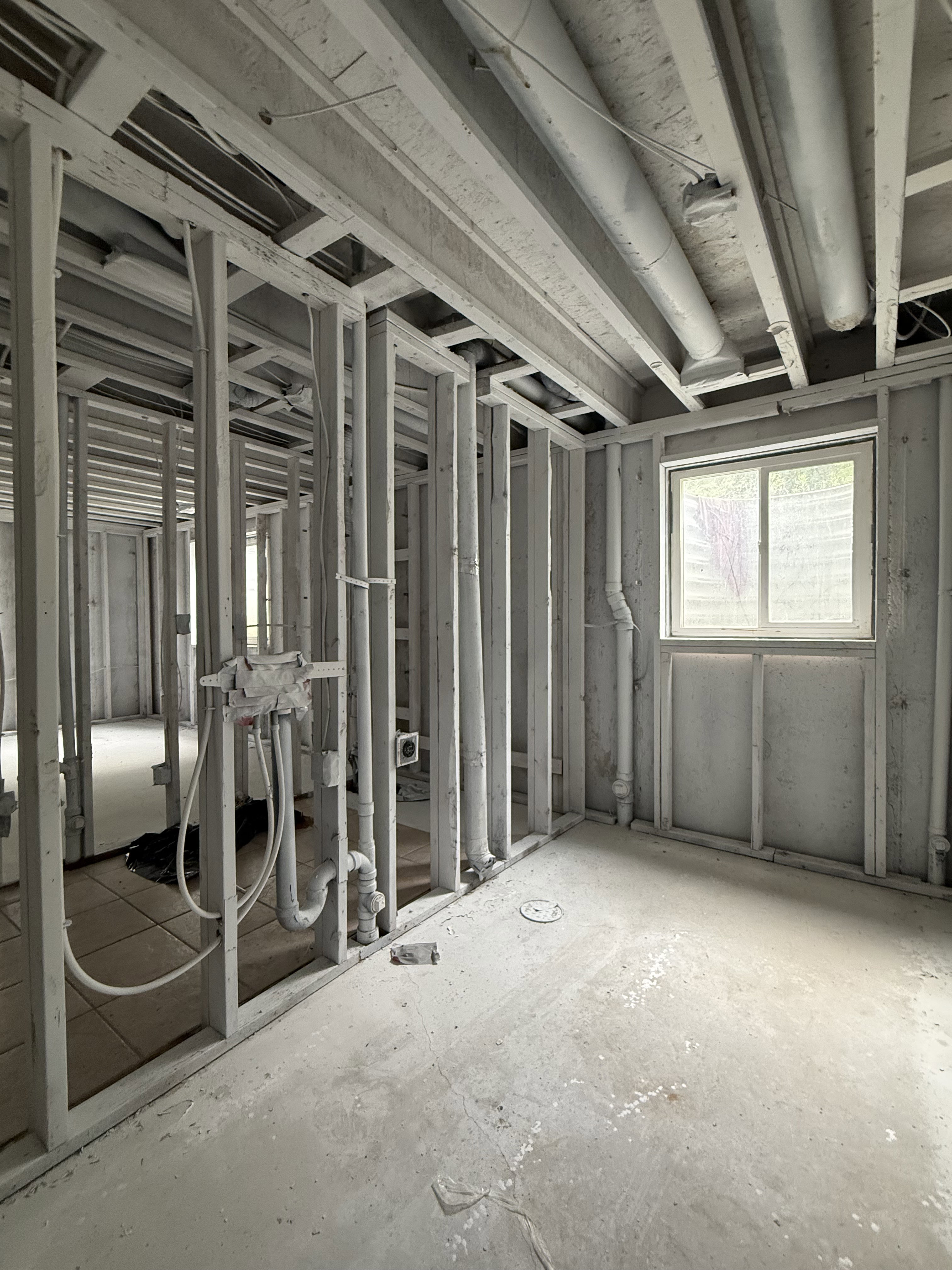 Unfinished interior space with exposed framing and visible plumbing