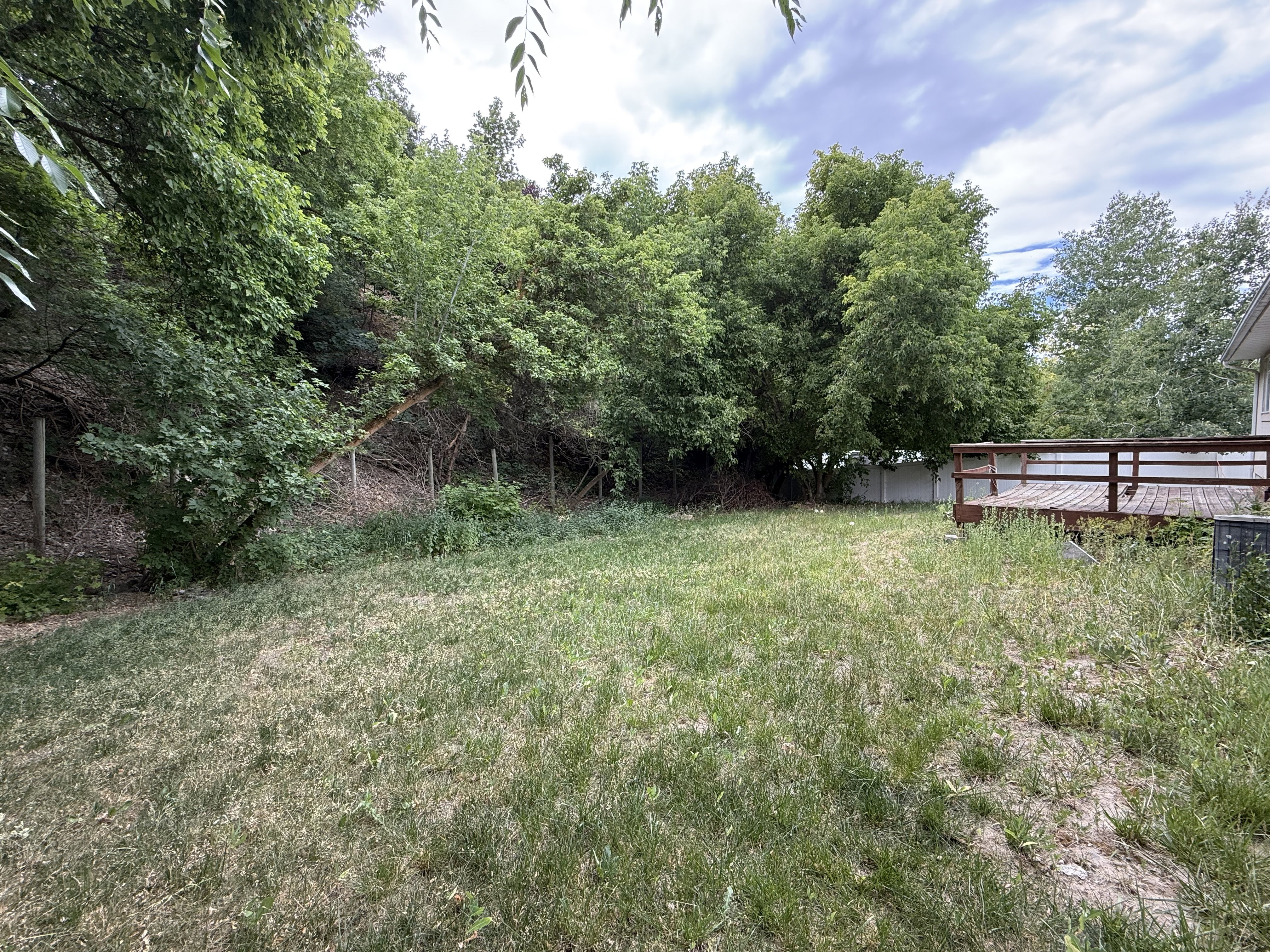 Spacious backyard featuring a wood deck, mature trees, and a partial privacy fence