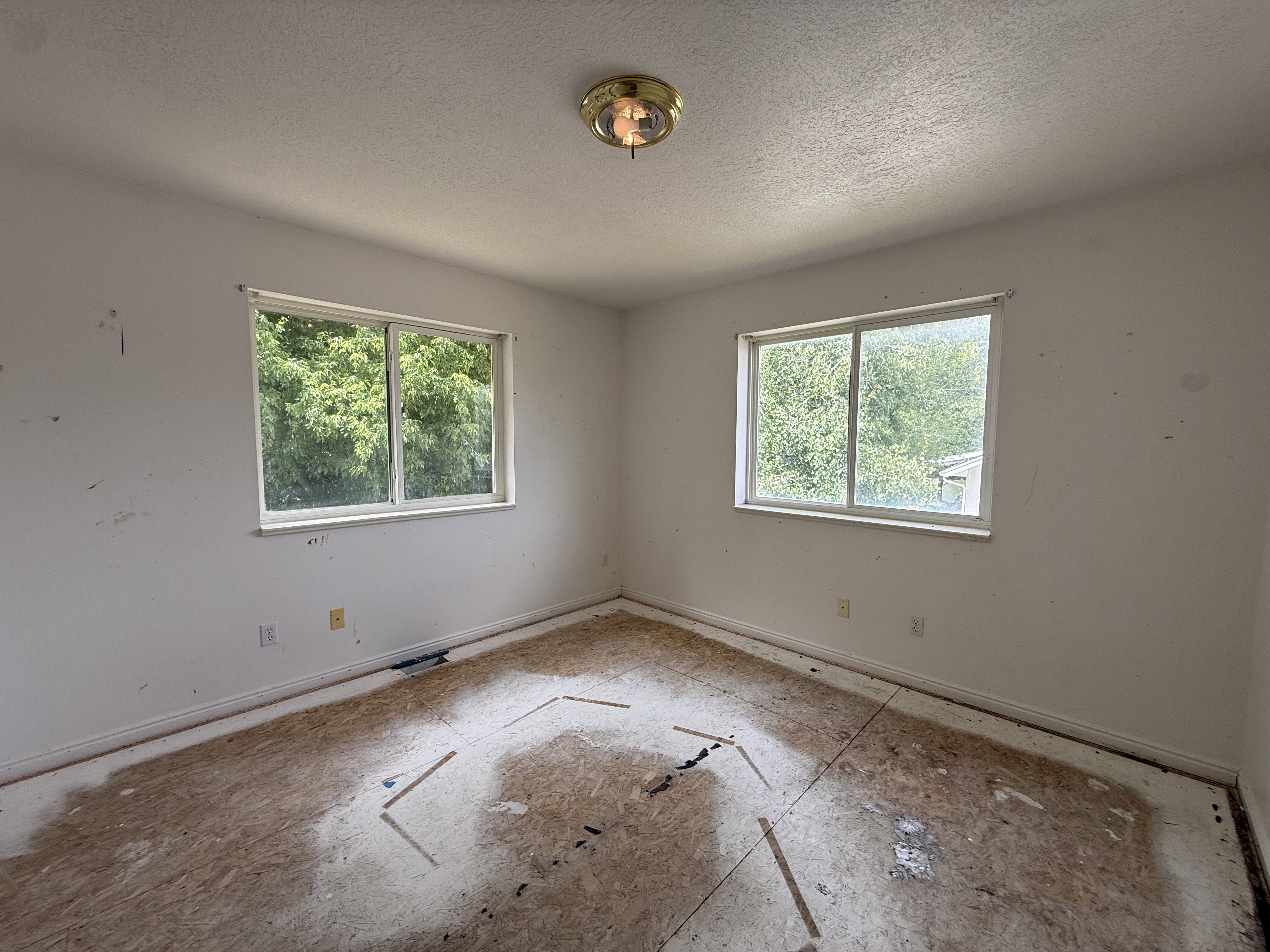 Interior space featuring two windows with outdoor scenery, baseboard trim, and a ceiling-mounted light fixture