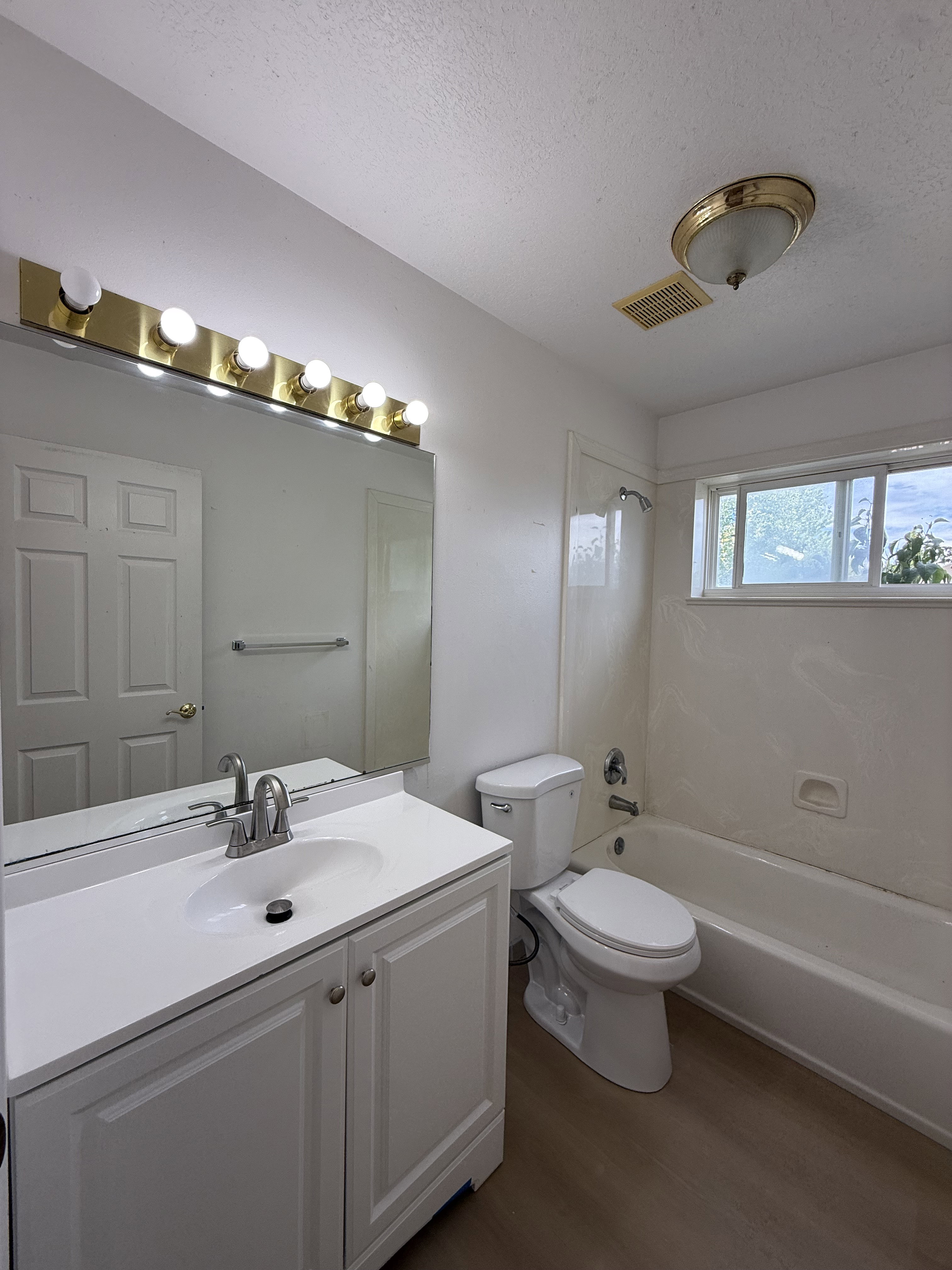 Full bathroom featuring a single white vanity with an integrated sink, a large mirror, a toilet, a full bathtub with a shower, and wood-finish flooring