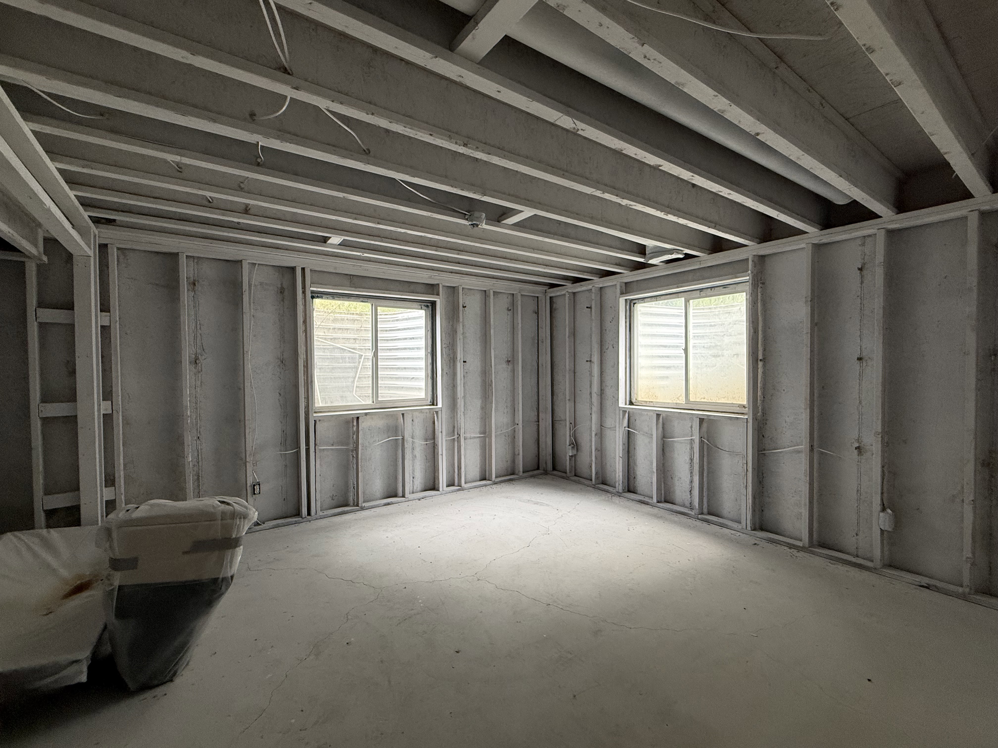 Unfinished basement space featuring exposed ceiling joists, concrete flooring, and two window wells