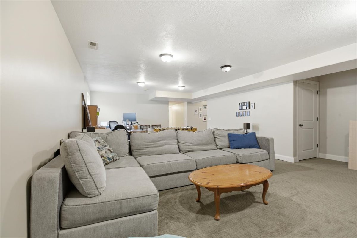 Lower level living area featuring light-colored walls, recessed ceiling lighting, a light-colored door with dark hardware, and carpet flooring