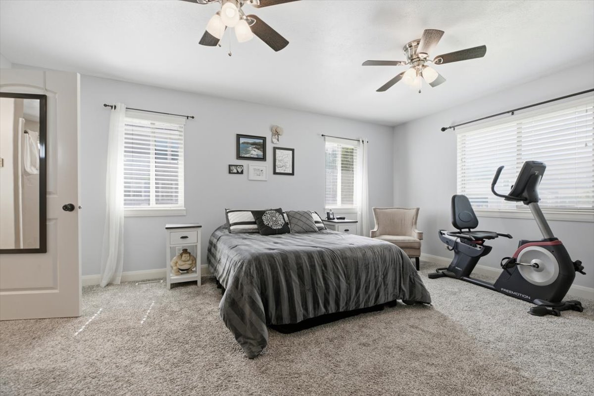Spacious room featuring light gray wall paint and plush carpet flooring