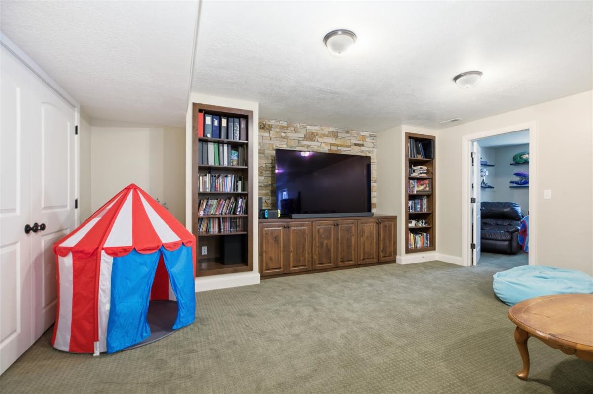 Entertainment area featuring a stone accent wall, built-in media console with storage, integrated shelving, flush-mount lighting, and carpeted flooring