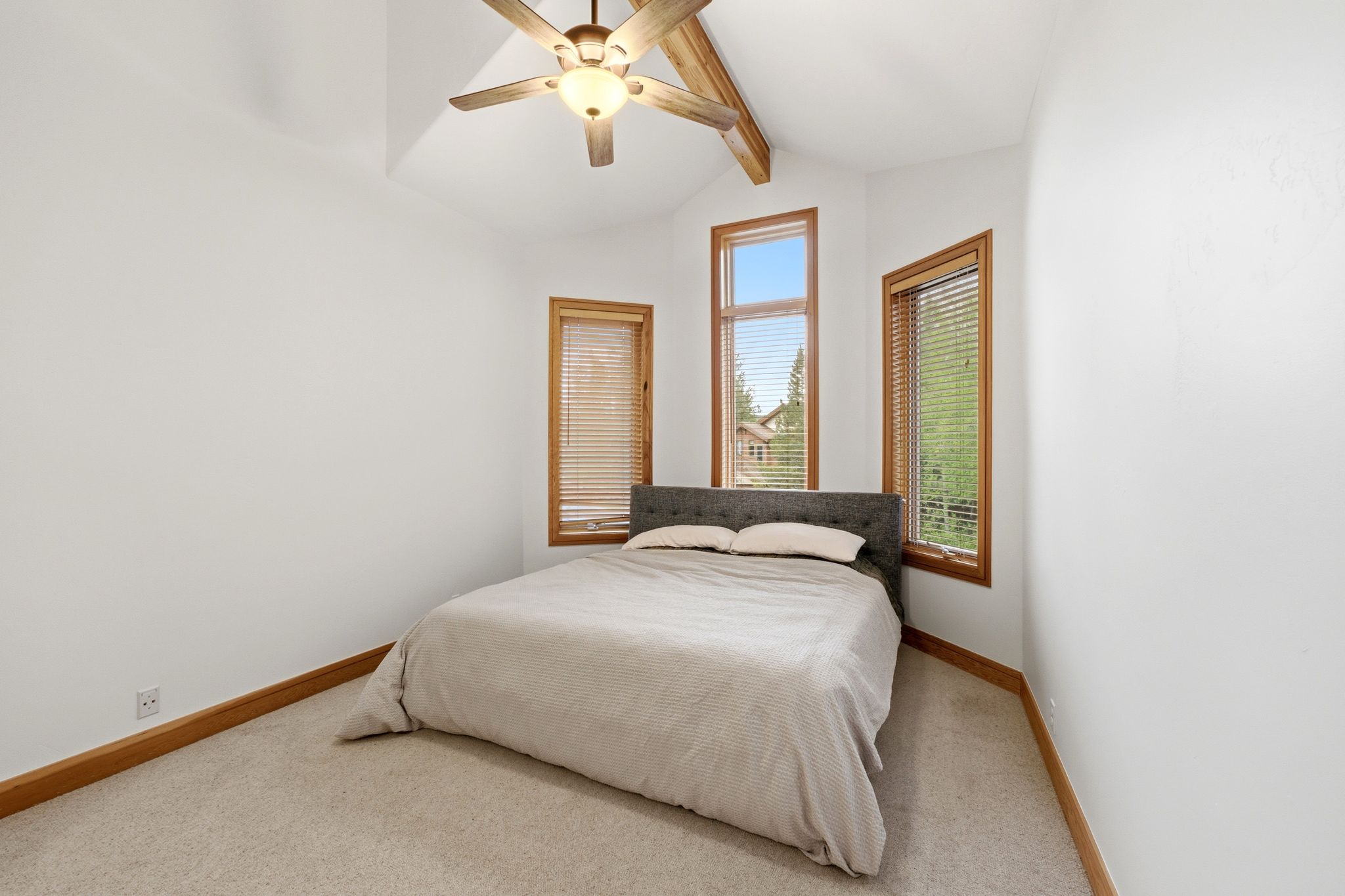 Carpeted room featuring multiple windows with wood trim and blinds