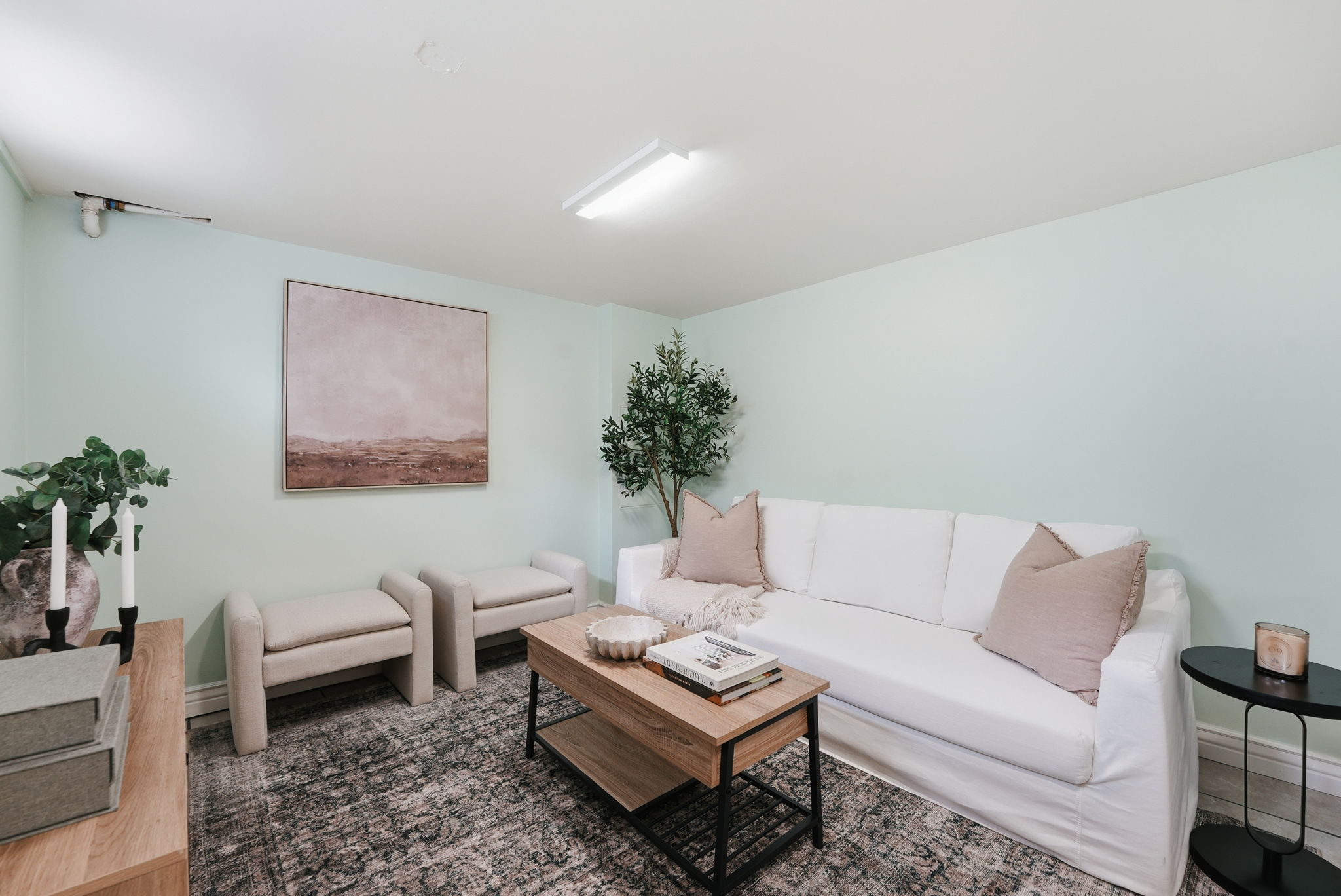 Flexible living space featuring pale green walls, white ceiling, and a patterned area rug