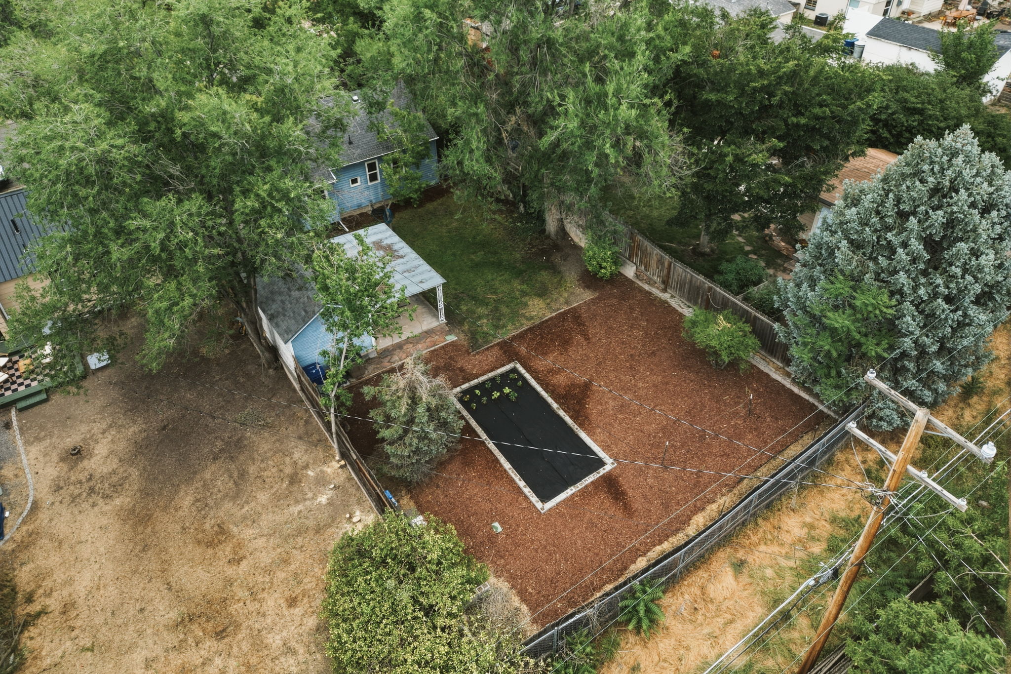 Expansive rear yard featuring a raised garden bed, wood chip ground cover, and a fenced perimeter
