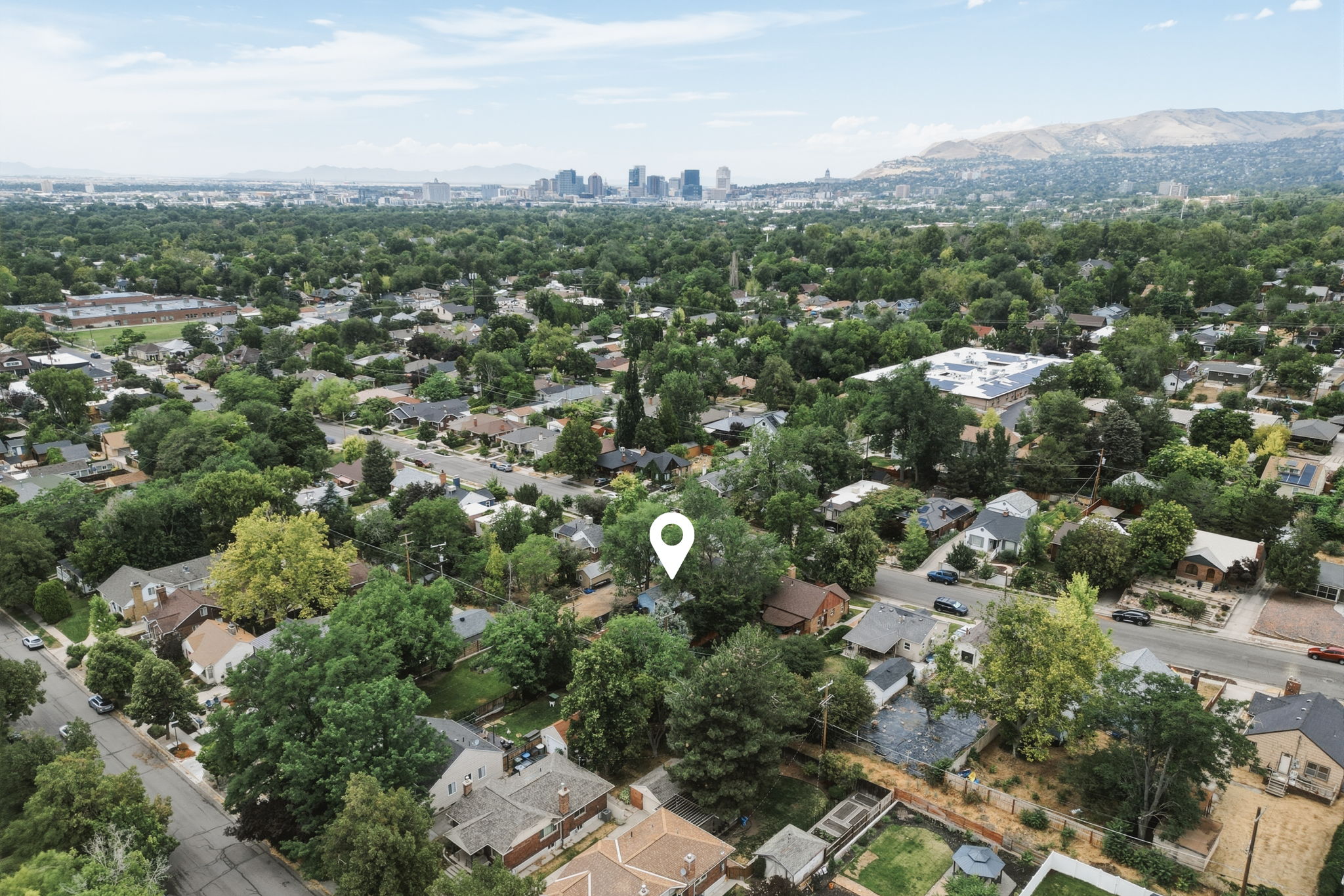 Aerial perspective showcasing a residential area with a dense tree canopy