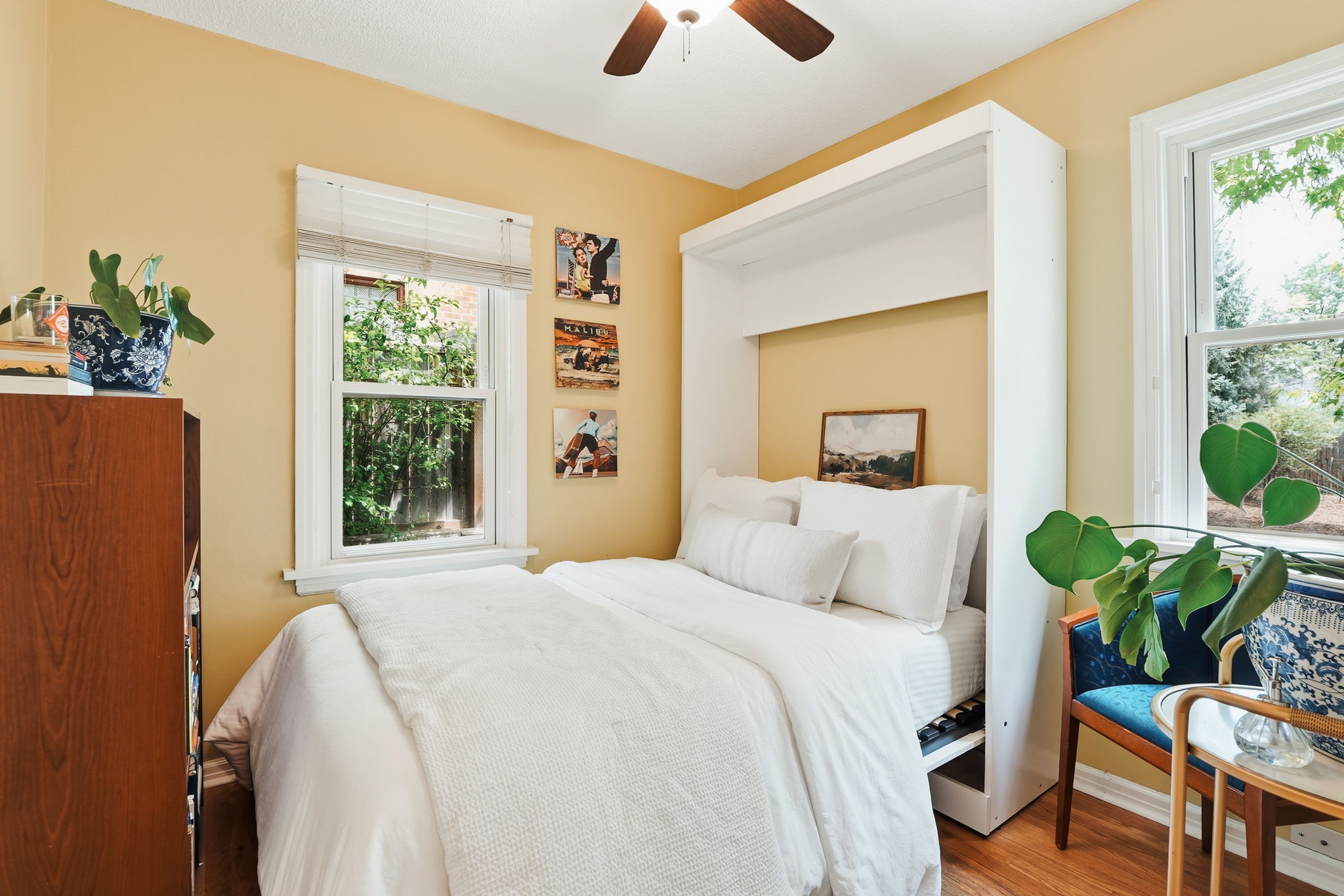 Room featuring a built-in wall bed, wood-finish flooring, a ceiling fan, and two windows
