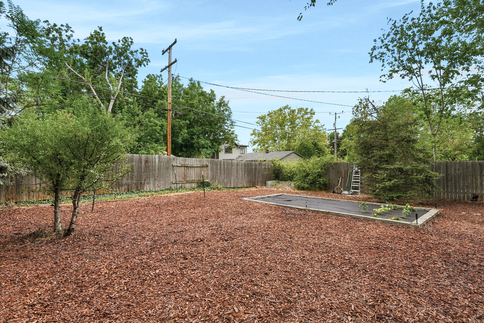 Expansive backyard featuring a wood chip ground cover, mature trees, and a raised garden bed