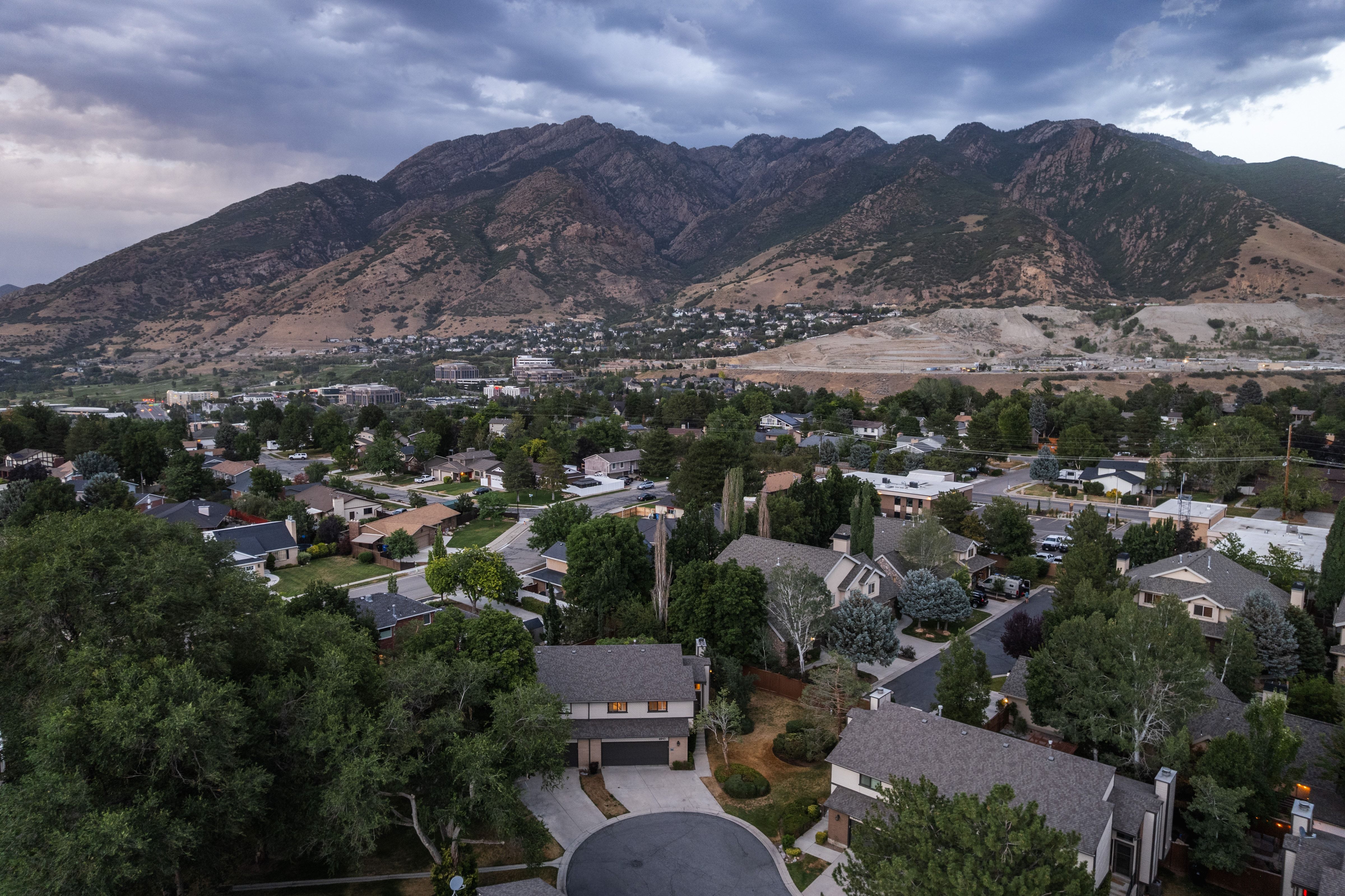 Mountain backdrop overlooking a residential area with mature trees and varied architectural styles